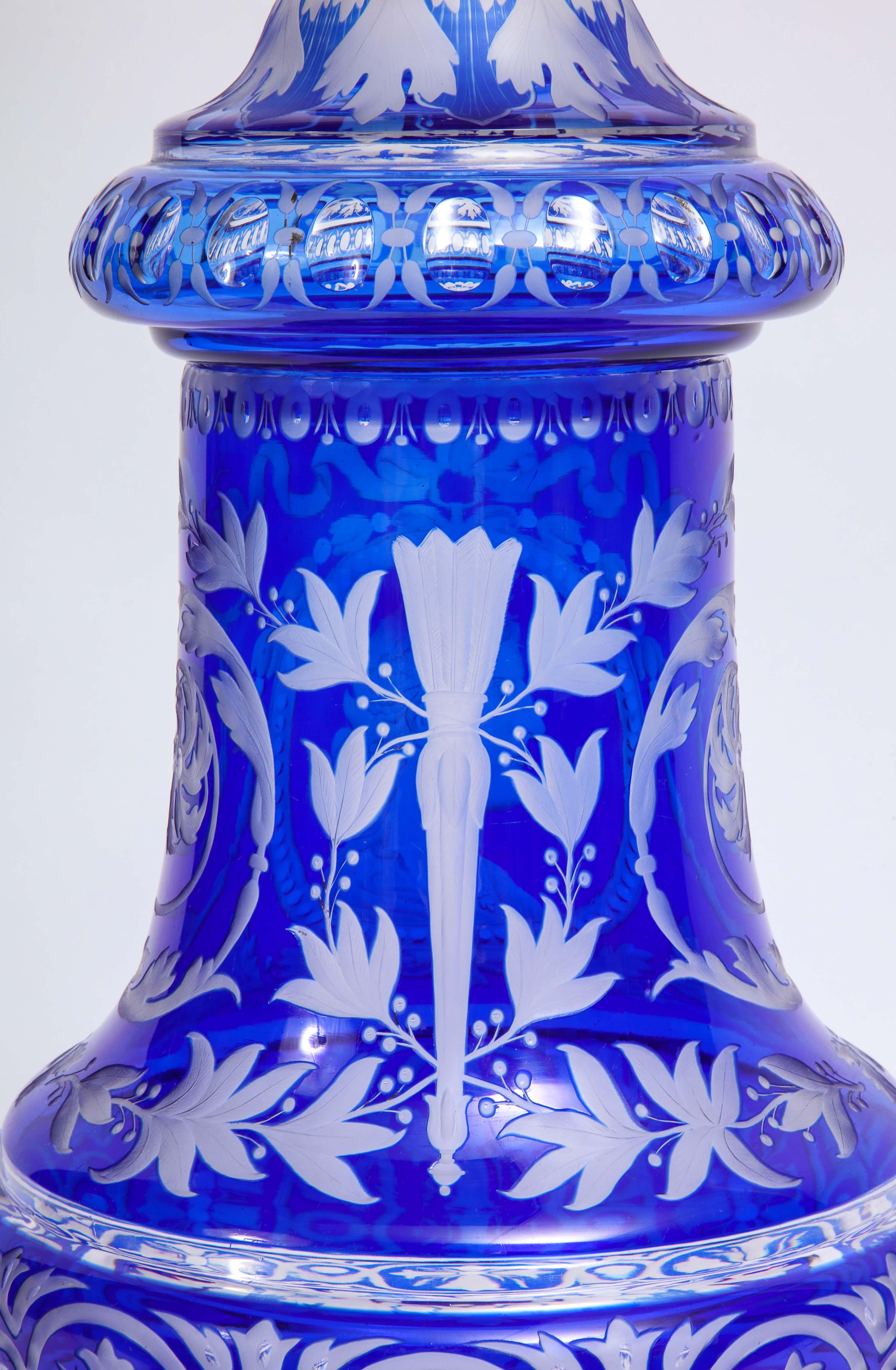 Late 19th Century Baccarat Crystal Blue-over-clear Etched and Acid Washed Frosted Covered Vase
