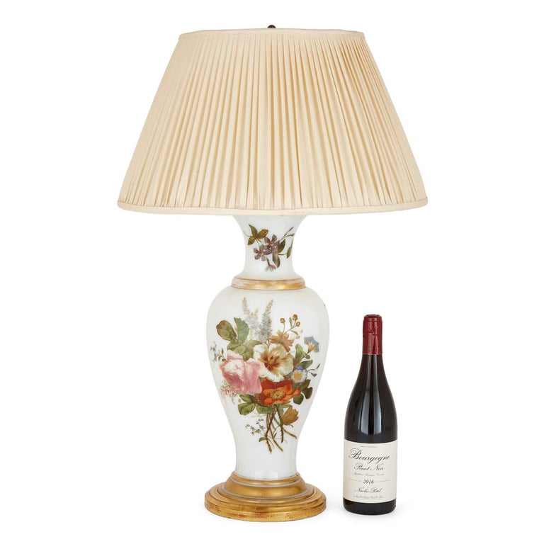 Baccarat Opaline Glass Lamp, Vase Formed with Floral Decoration For