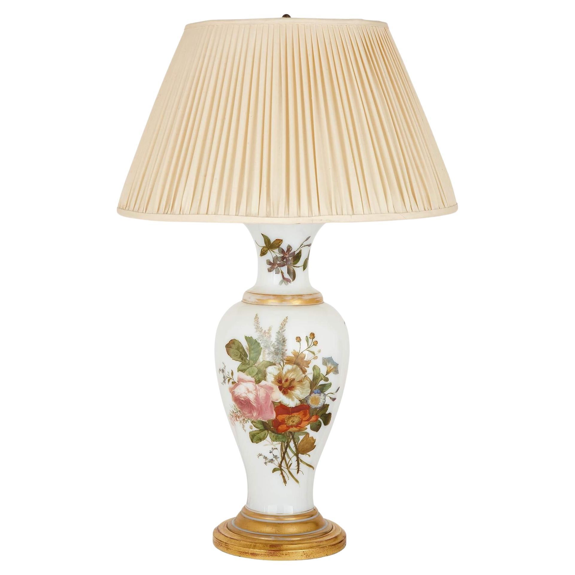 Baccarat Opaline Glass Lamp, Vase Formed with Floral Decoration For Sale