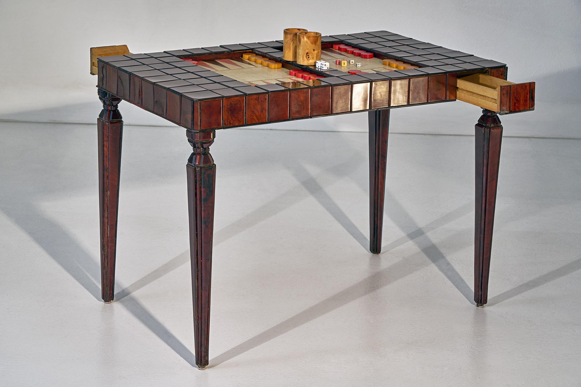 This Backgammon table is of a very rare form and fabrication made for the former Ziegfeld Girl and actress Jean Howard.  Howard began her career with Ziegfeld and was subsequently signed to MGM where she appeared in several films in the 1930s and no