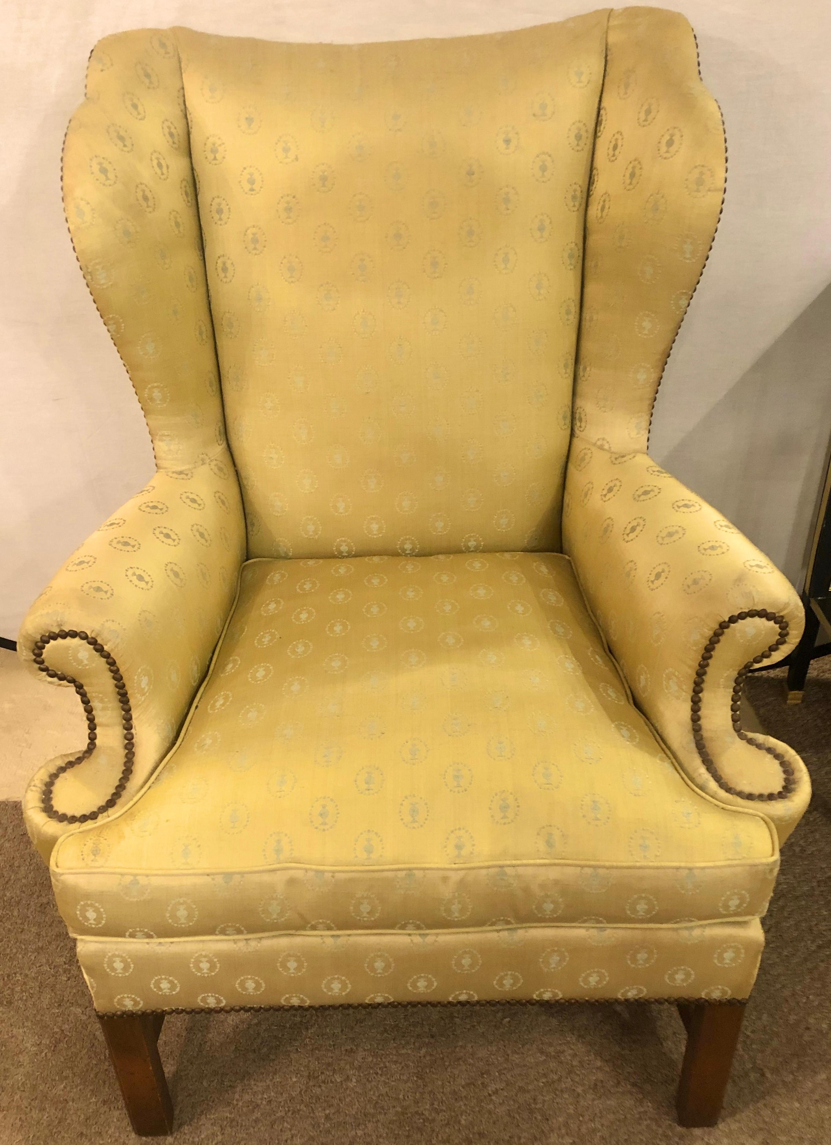 Chinese Chippendale Baker Chippendale Style Wing Chair in a Fine Fabric with Down Cushion