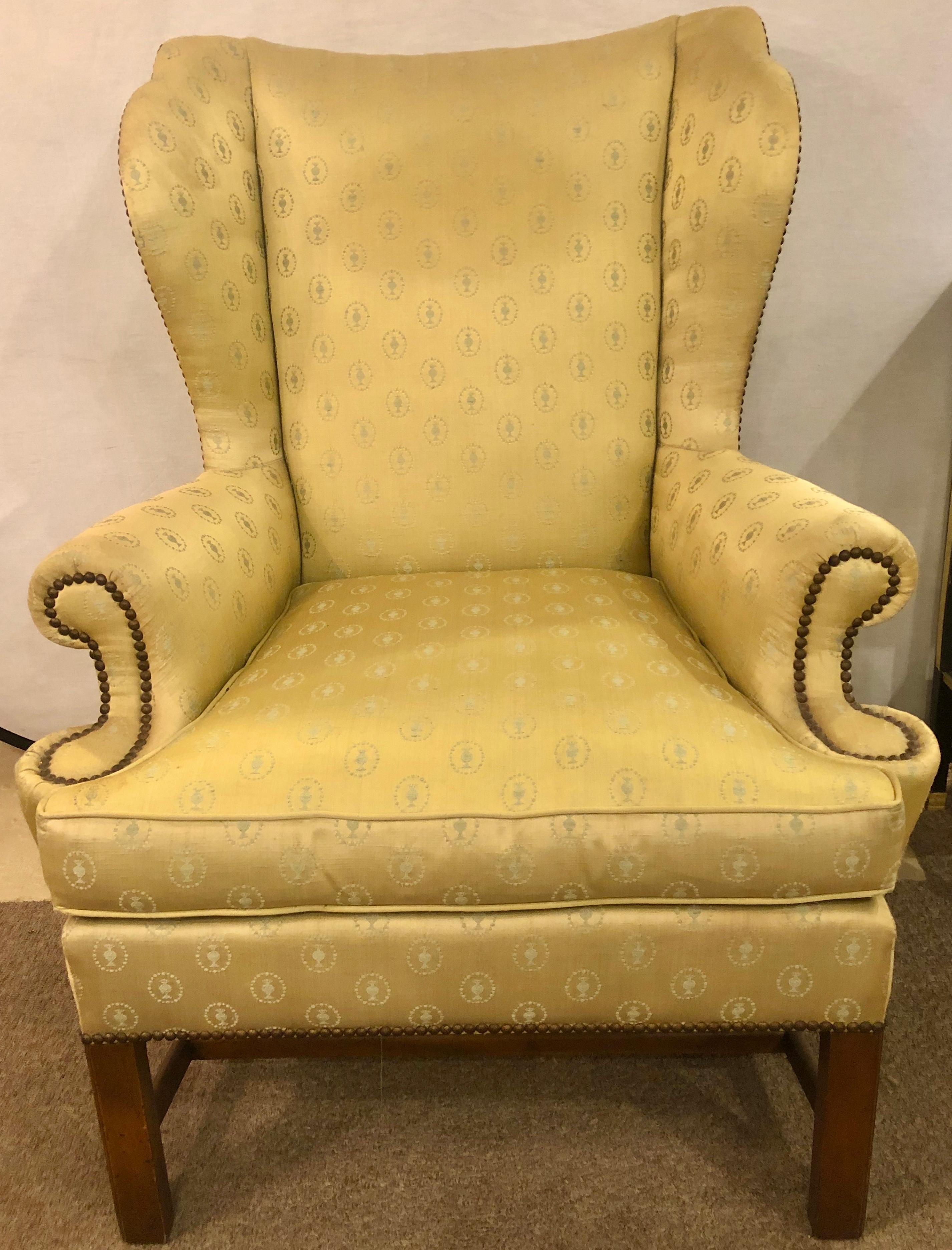 American Baker Chippendale Style Wing Chair in a Fine Fabric with Down Cushion