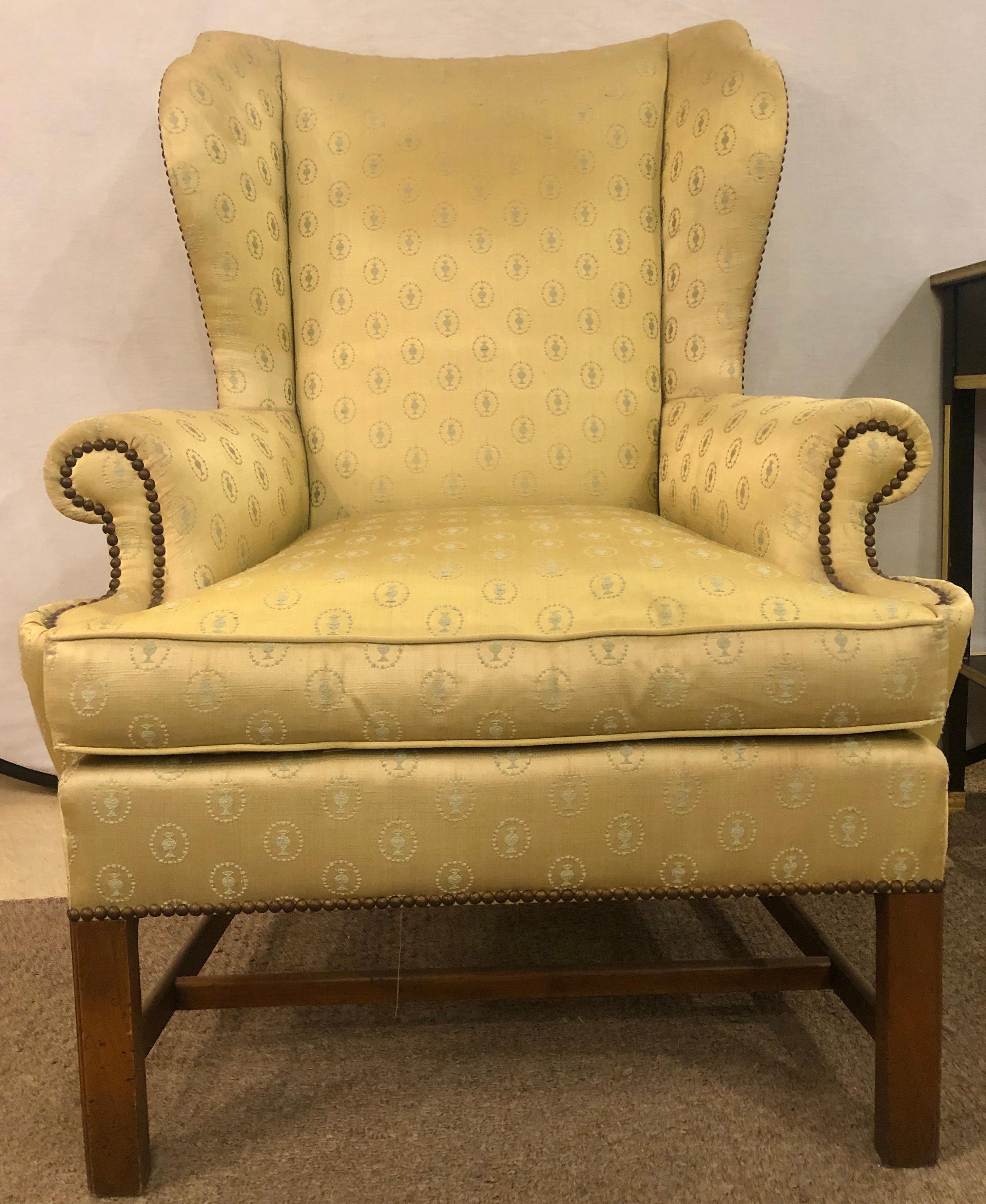Baker Chippendale Style Wing Chair in a Fine Fabric with Down Cushion In Good Condition In Stamford, CT