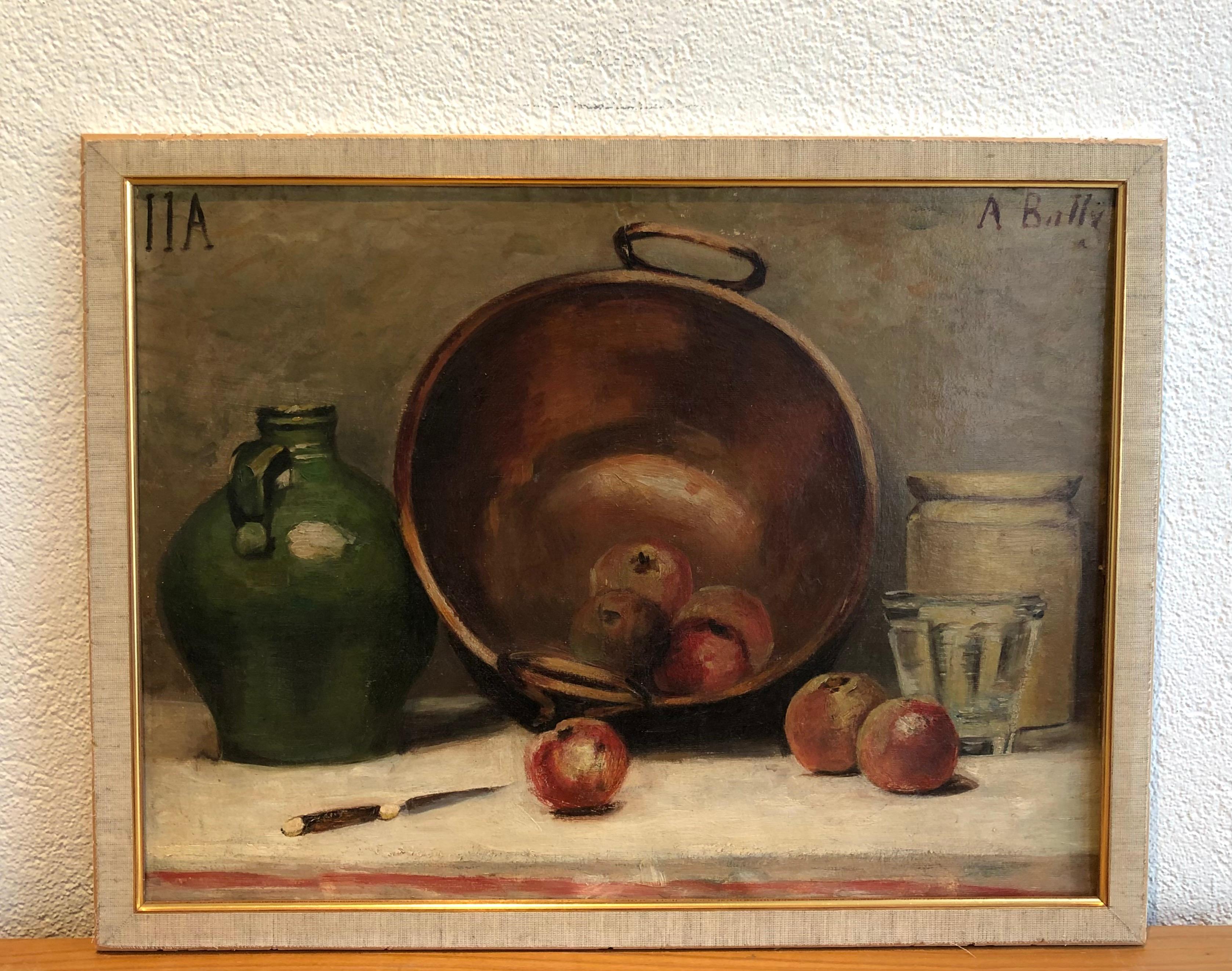 Still life with copper, pottery and apples - Painting by A. Bally