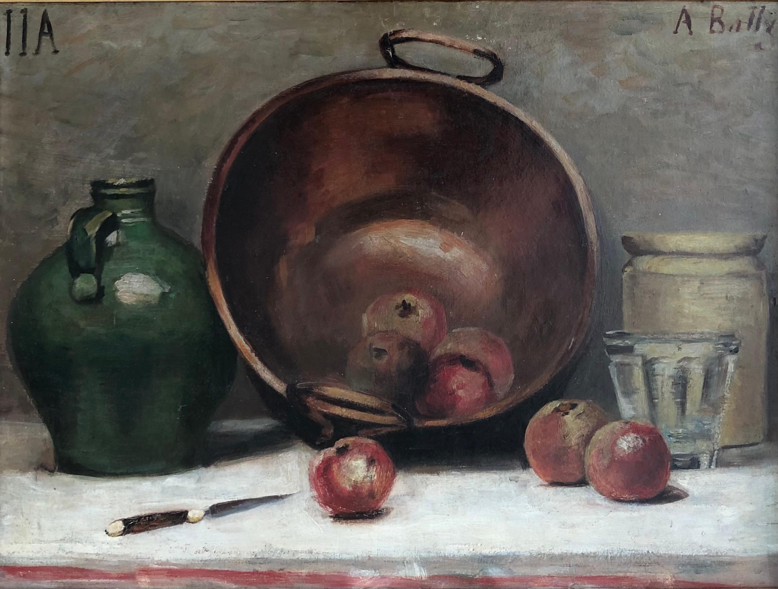Still-Life Painting A. Bally - Nature morte avec cuivre, poterie et pommes