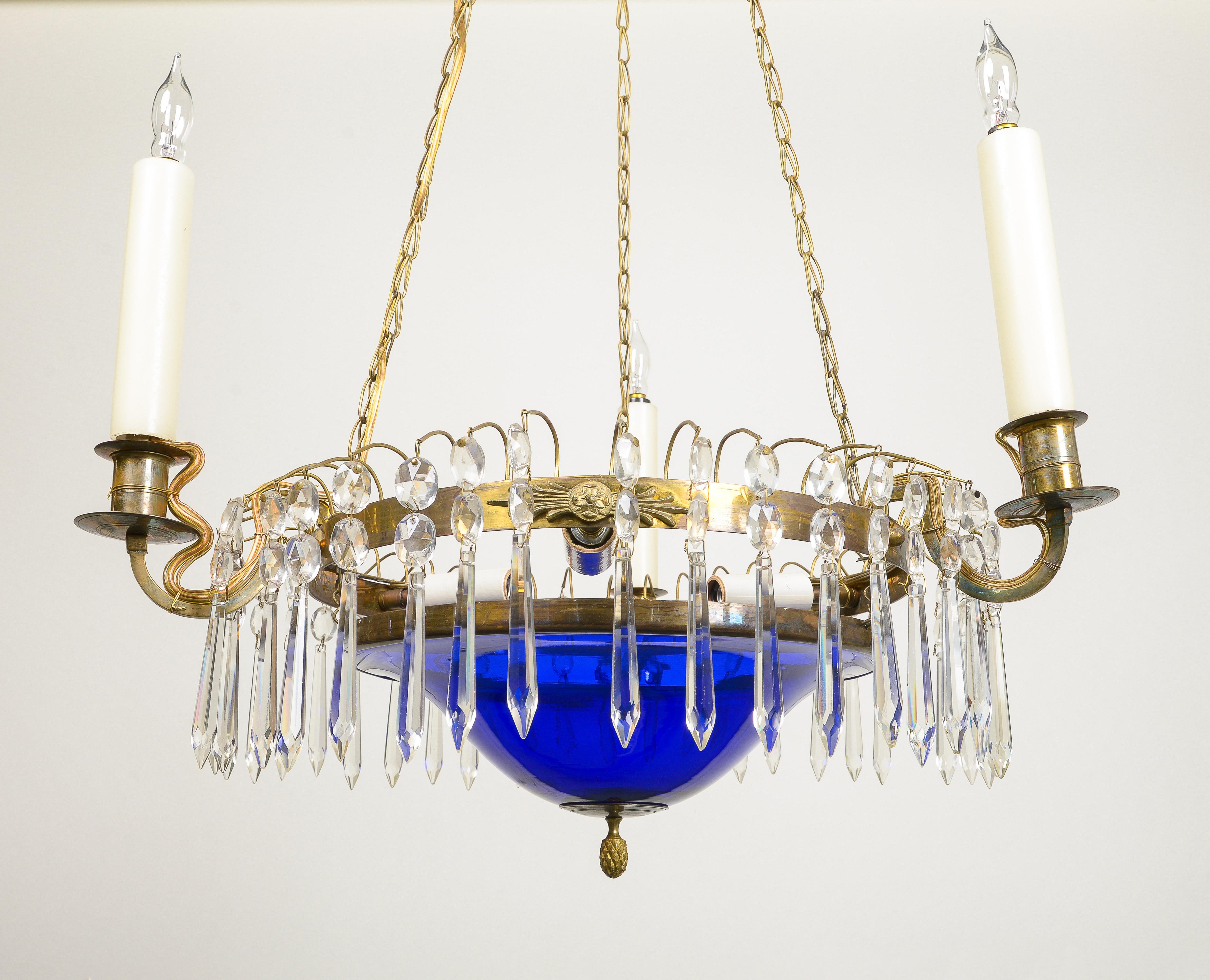 Neoclassical Baltic Crystal, Cobalt Glass, and Gilt-Bronze Three-Light Chandelier For Sale