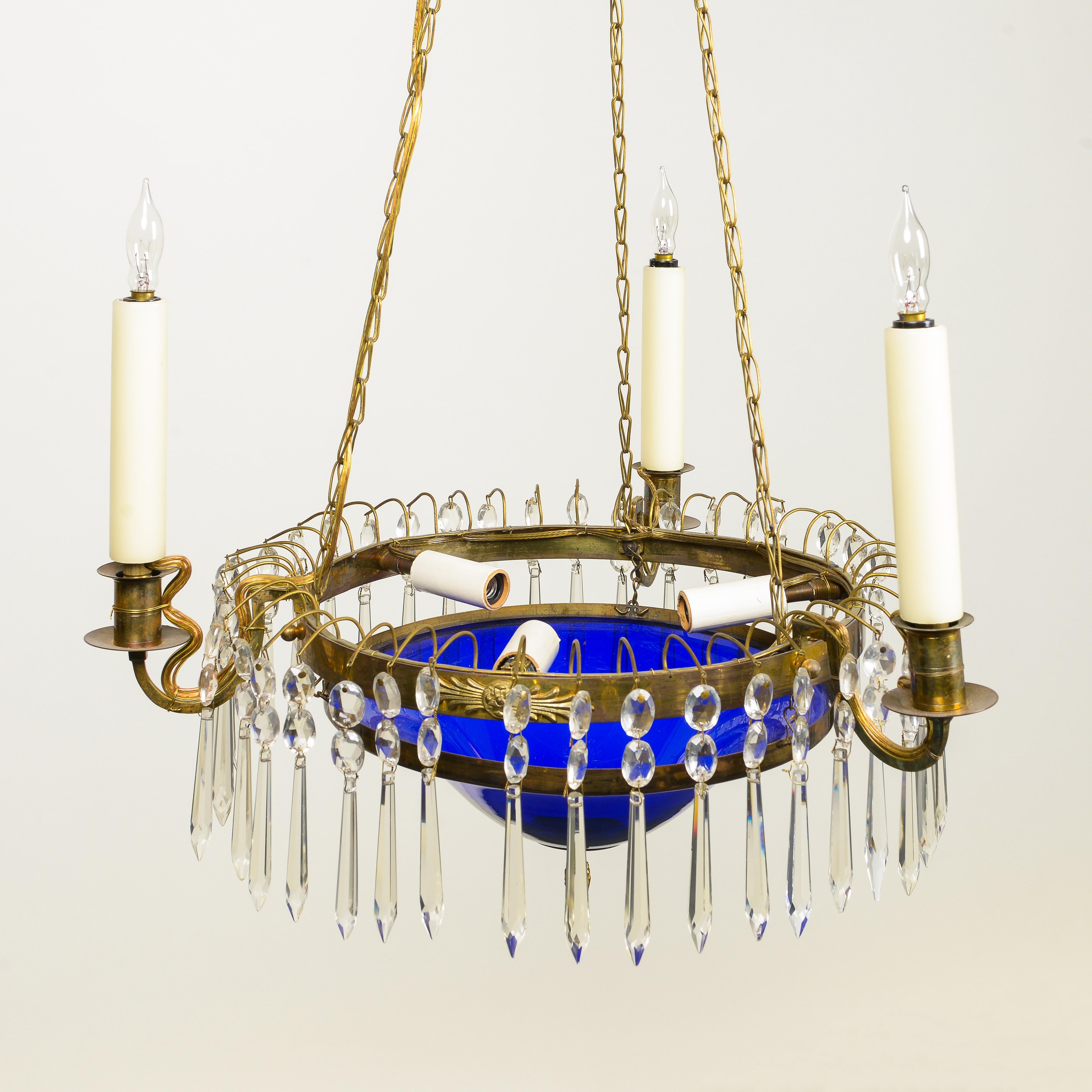 Baltic Crystal, Cobalt Glass, and Gilt-Bronze Three-Light Chandelier In Excellent Condition For Sale In New York, NY