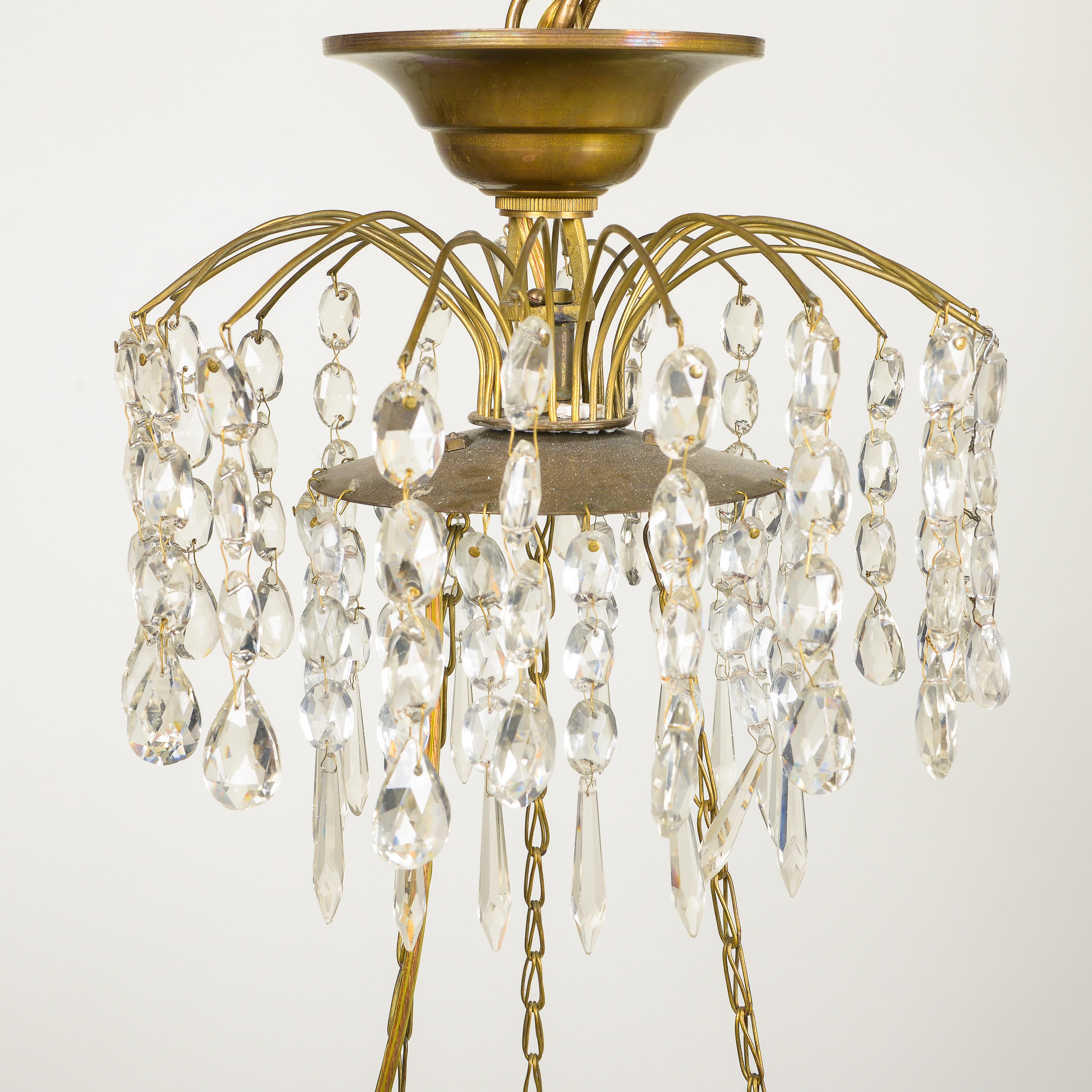 Early 20th Century Baltic Crystal, Cobalt Glass, and Gilt-Bronze Three-Light Chandelier For Sale
