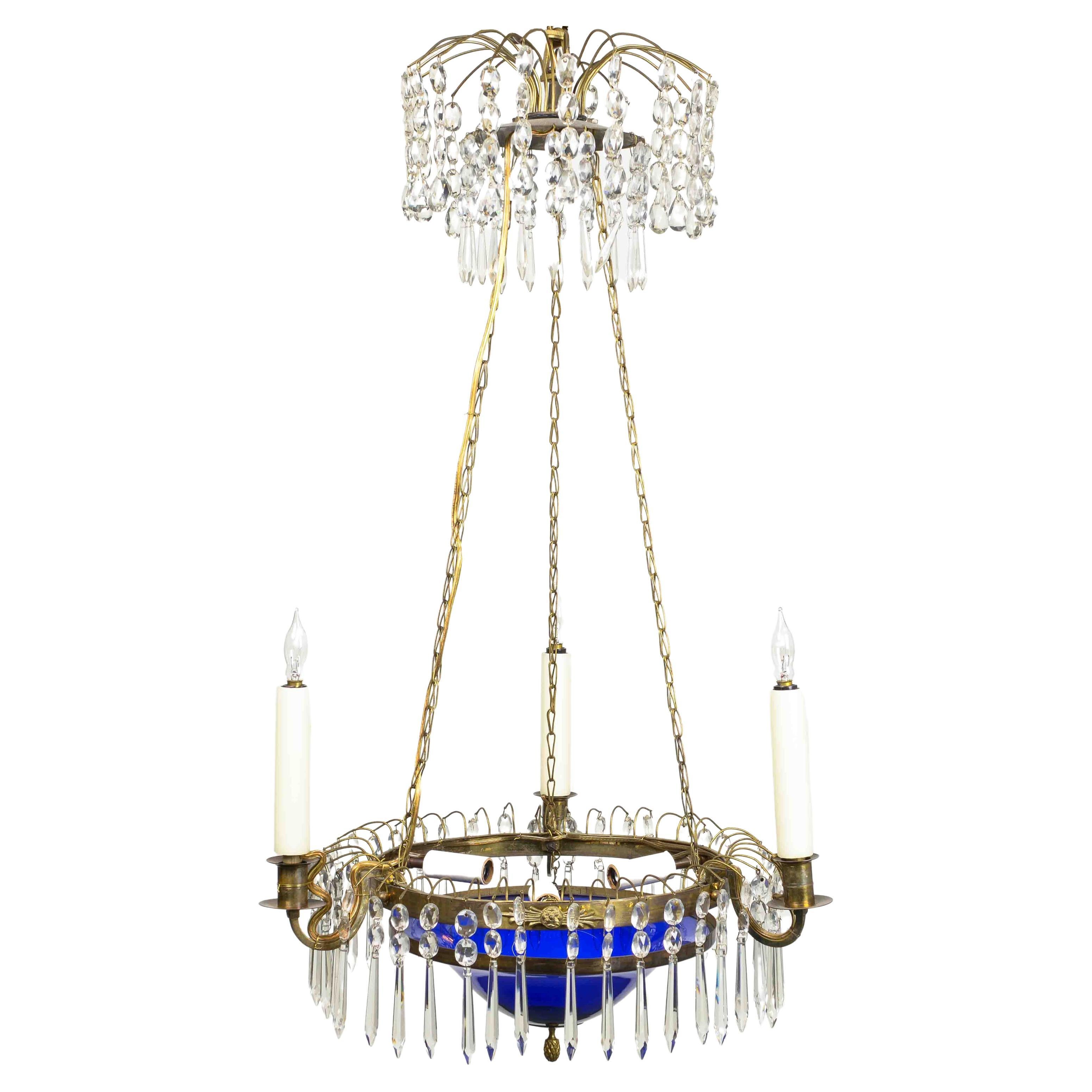 Baltic Crystal, Cobalt Glass, and Gilt-Bronze Three-Light Chandelier For Sale