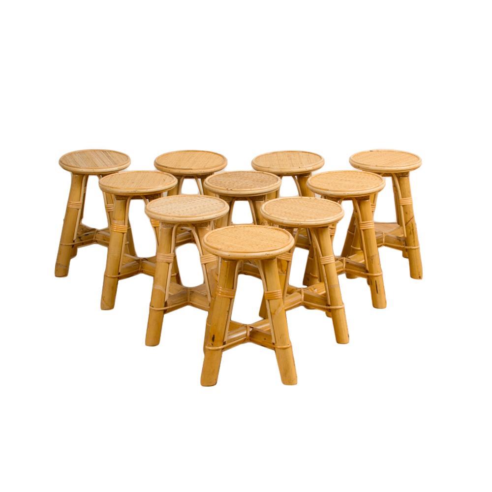 Bamboo and Rattan Stool, Set of 10 Available 2