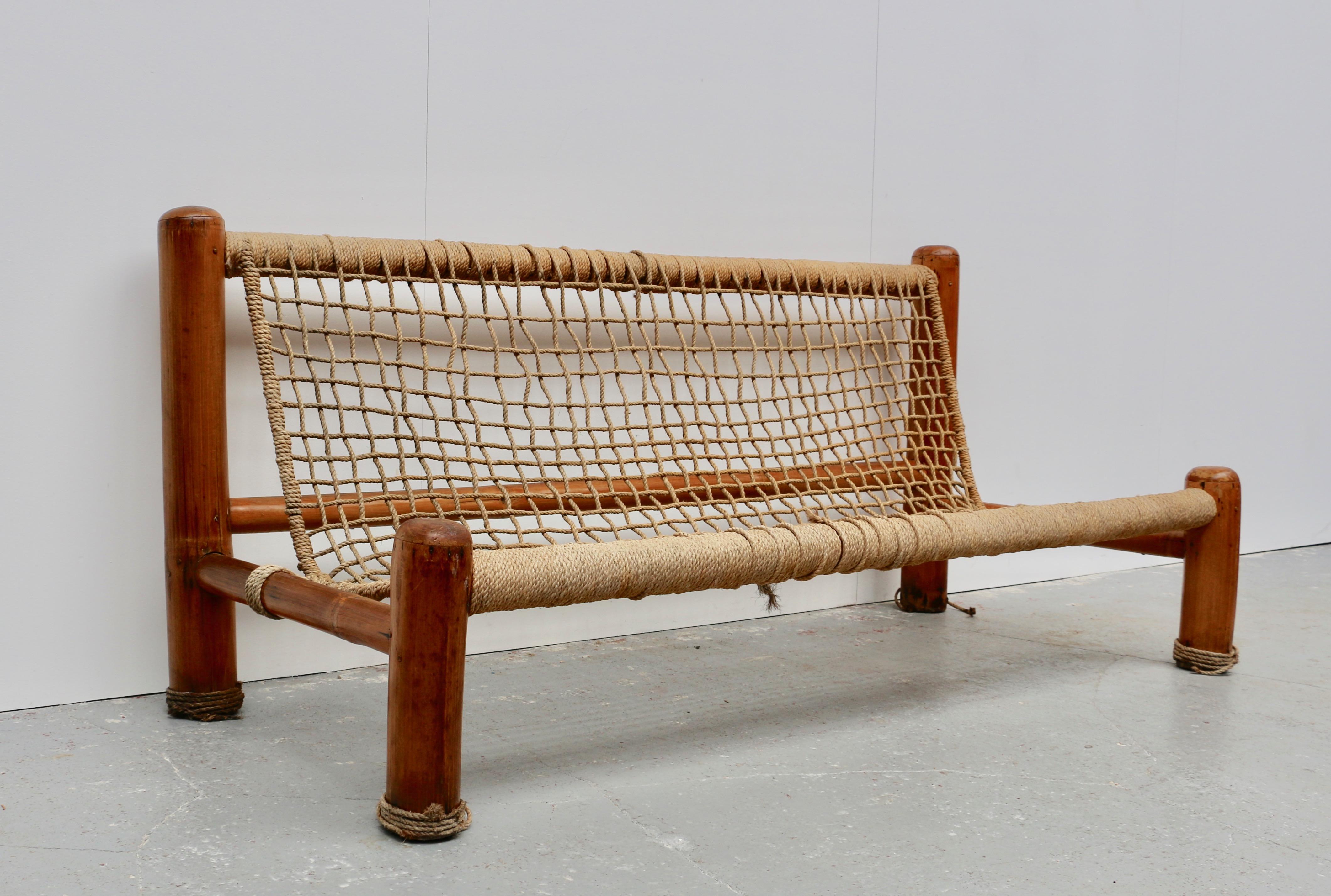 Italian Bamboo and Rope Set Composed of a Large Sofa Two Armchairs and a Coffee Table For Sale
