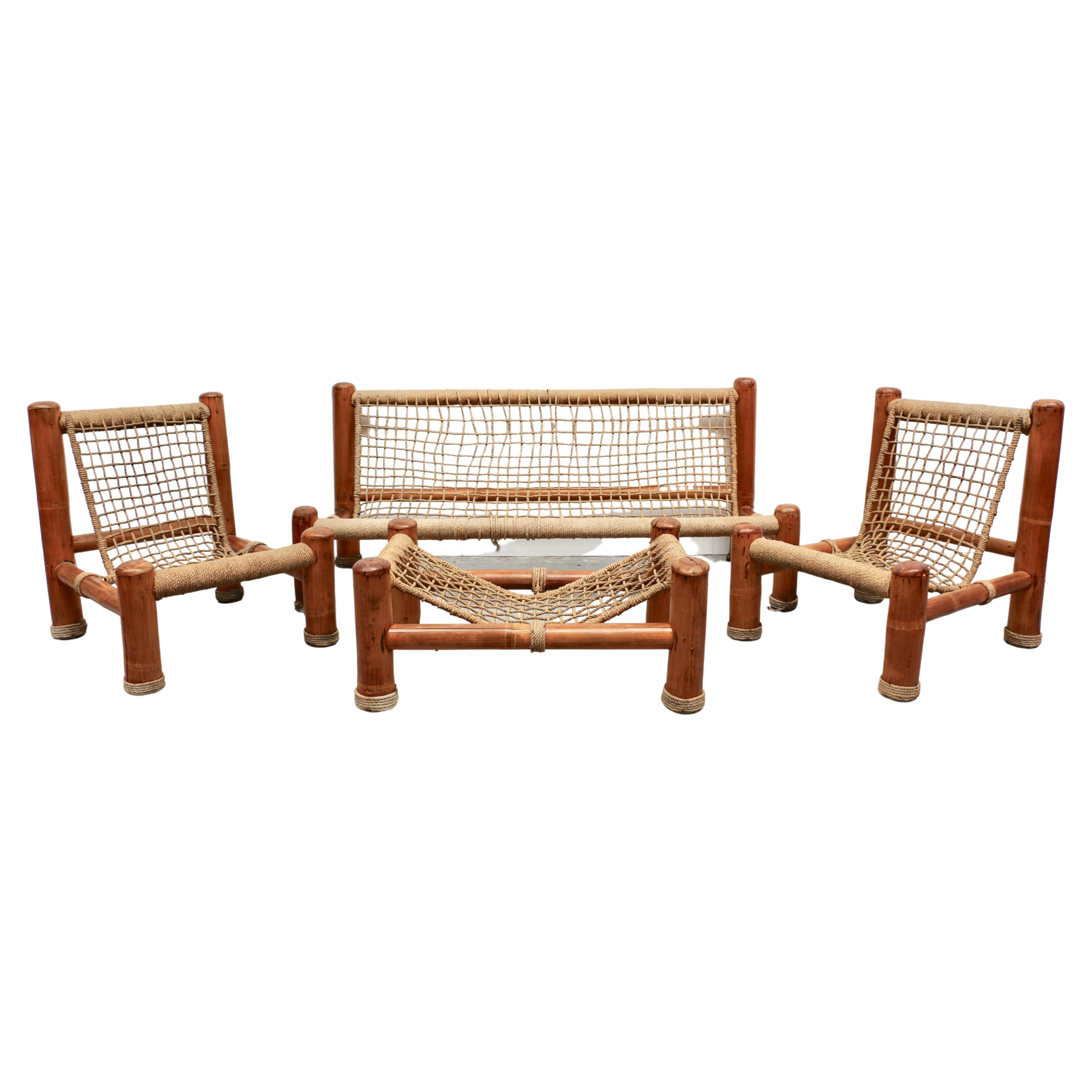 Bamboo and Rope Set Composed of a Large Sofa Two Armchairs and a Coffee Table For Sale