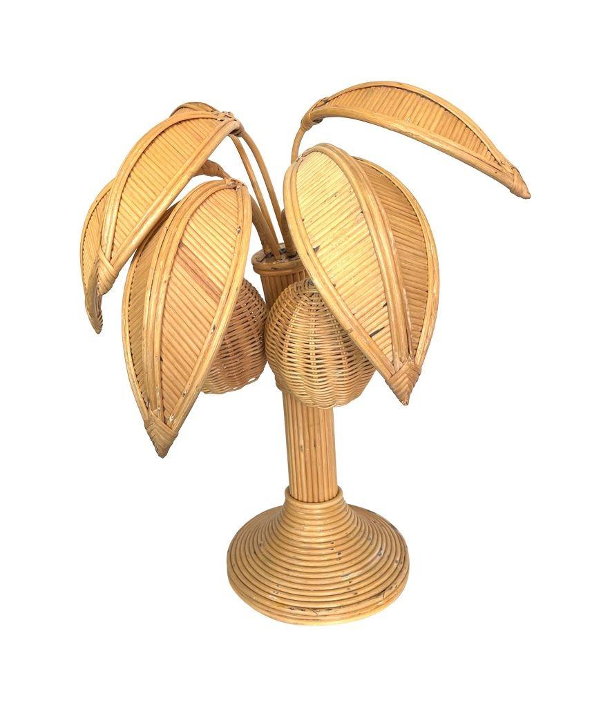 Rattan Bamboo Palm Tree Table Lamp in the Style of Mario Lopez Torres with Two Lights