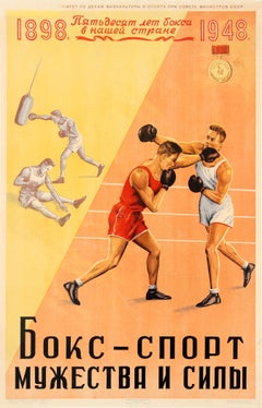 Originales sowjetisches Sportplakat für 50 Jahre Boxen in Russland 1898 1948