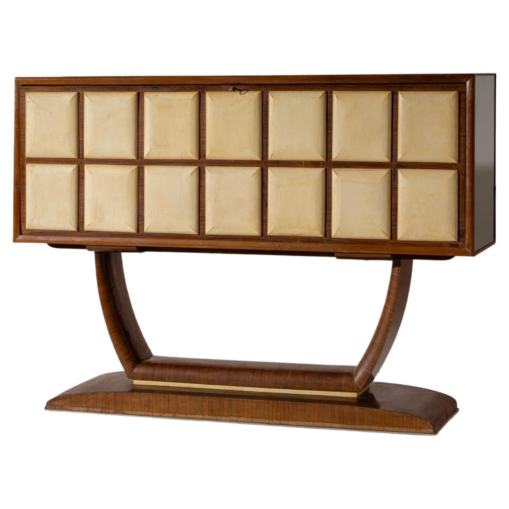 A bar cabinet in wood, parchment, glass and mirrors, Italian manufacture, 1940s