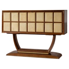 A bar cabinet in wood, parchment, glass and mirrors, Italian manufacture, 1940s