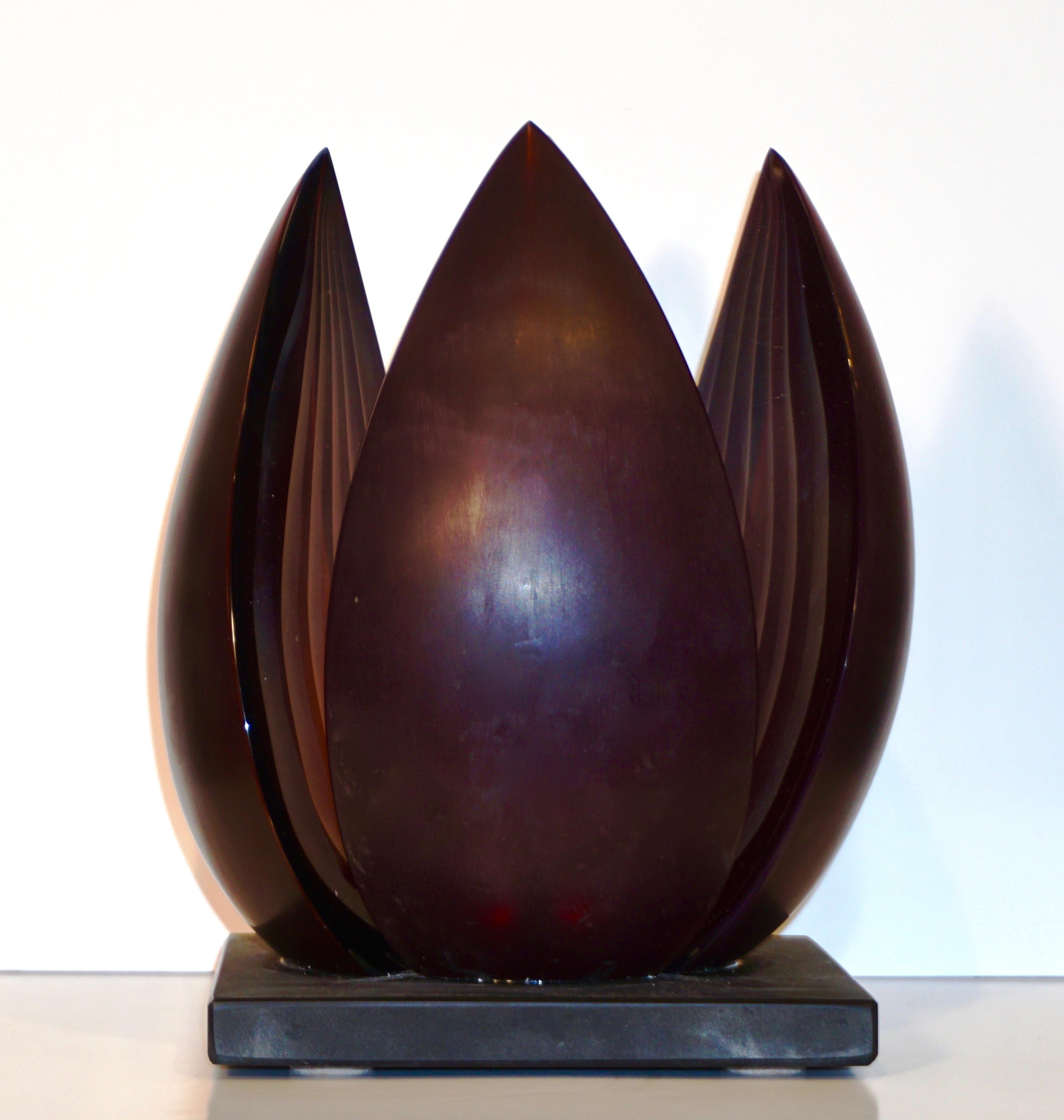 Late 20th Century A. Barbaro Abstract Flower Sculpture in a Dark Plum Murano Glass on Slate Base
