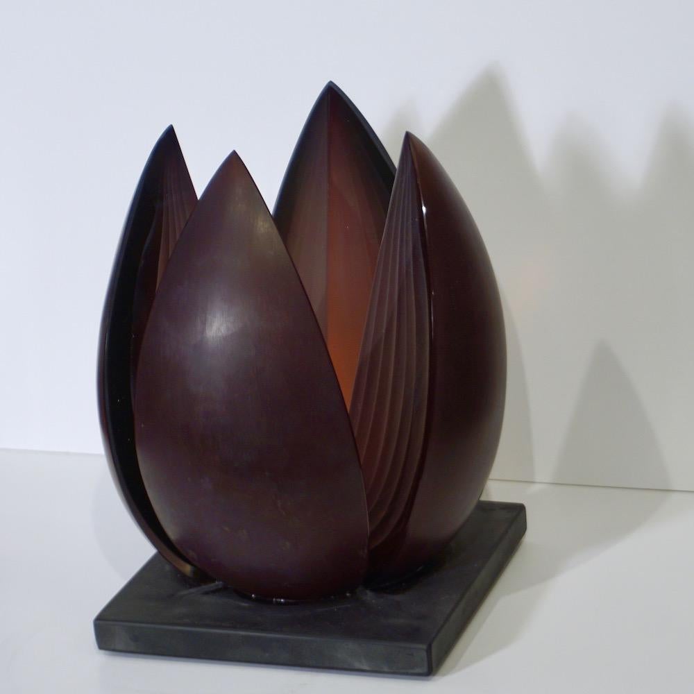 Art Glass A. Barbaro Abstract Flower Sculpture in a Dark Plum Murano Glass on Slate Base