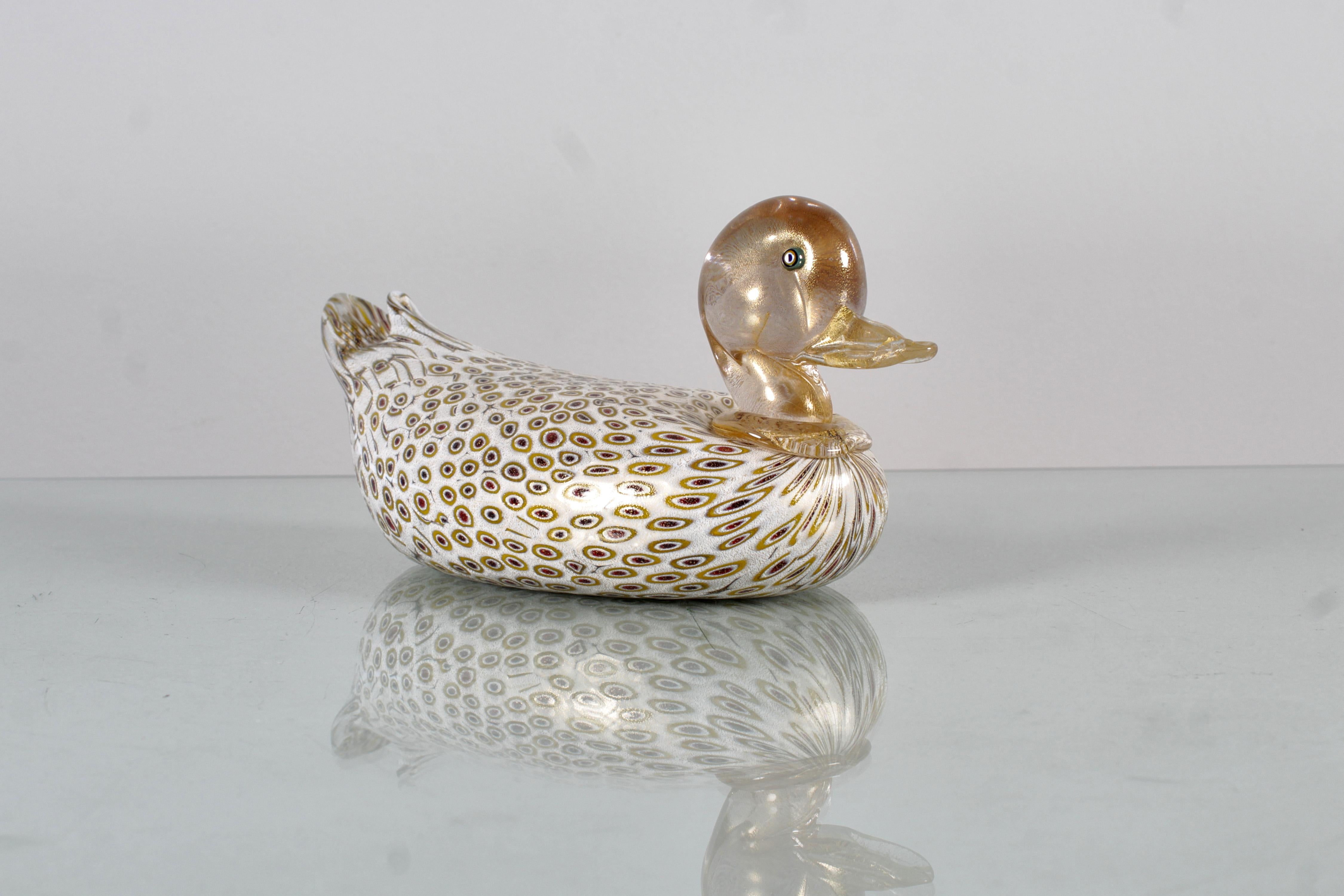 A. Barbini (attr.) Murano Glass Duck Sculpture with Murrine 60s Italy In Good Condition For Sale In Palermo, IT