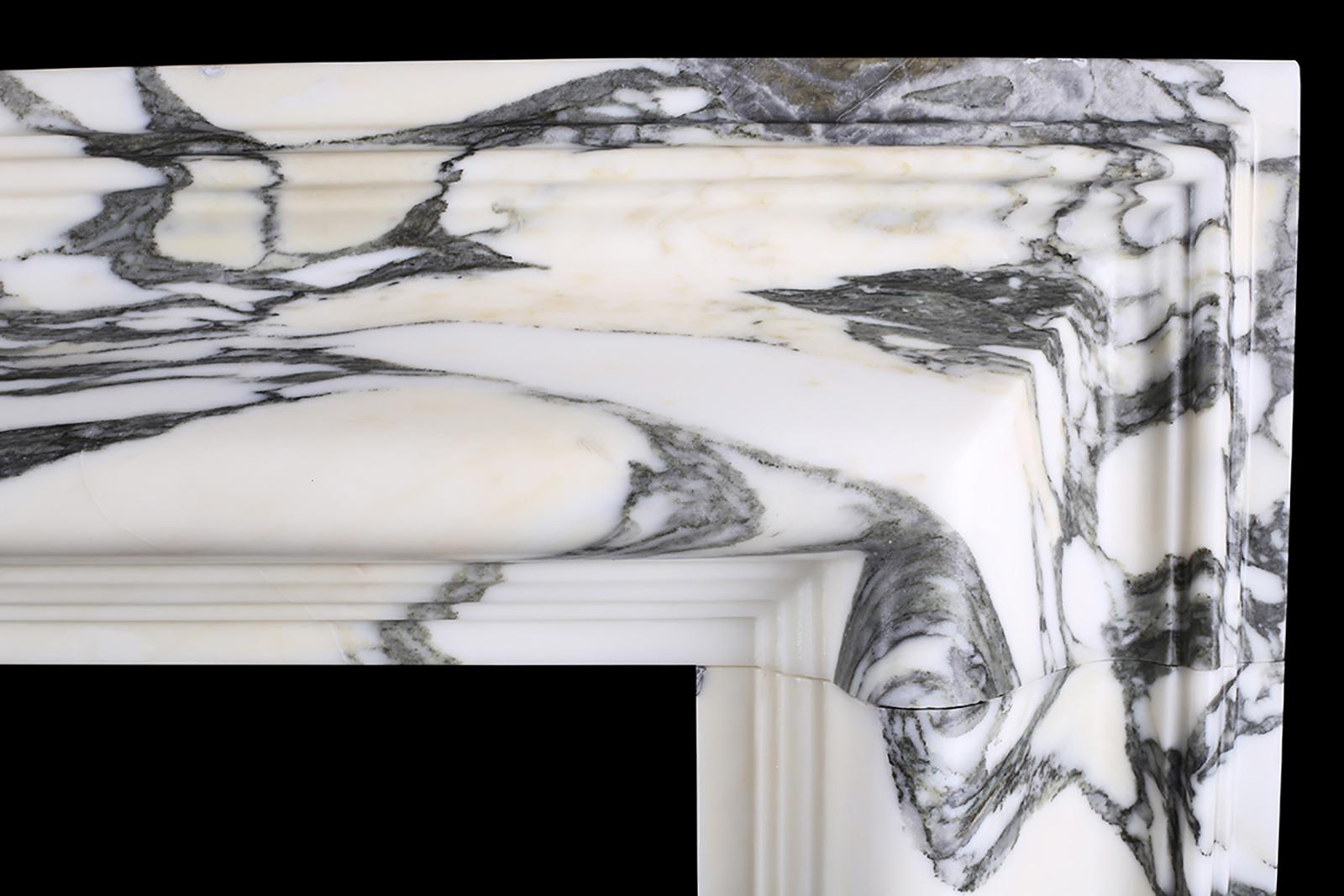 Hand-Carved Baroque Bolection Fireplace in Italian Arabescato Marble Fireplace