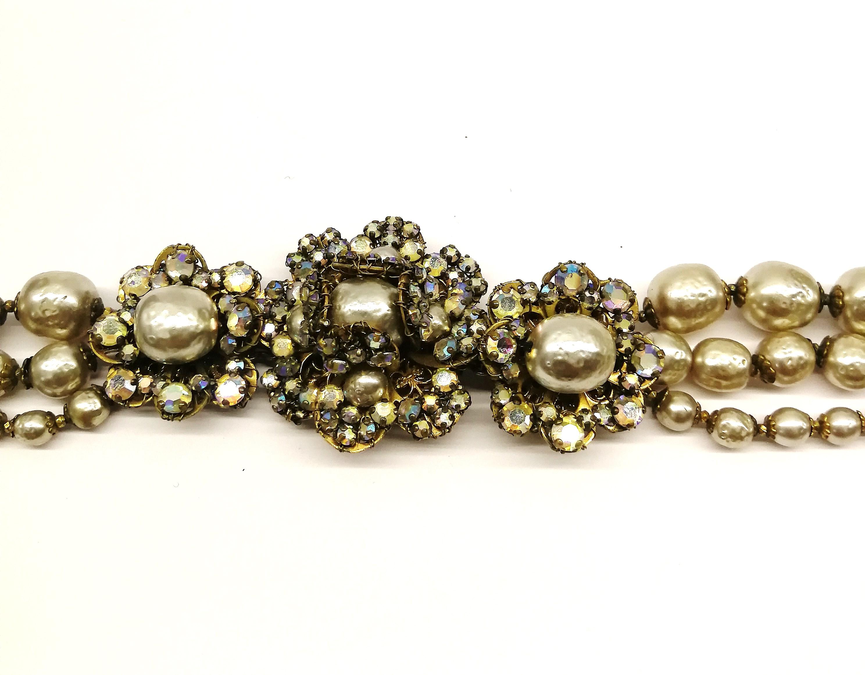 A baroque pearl and iridescent paste three row necklace, Miriam Haskell, 1950s 5
