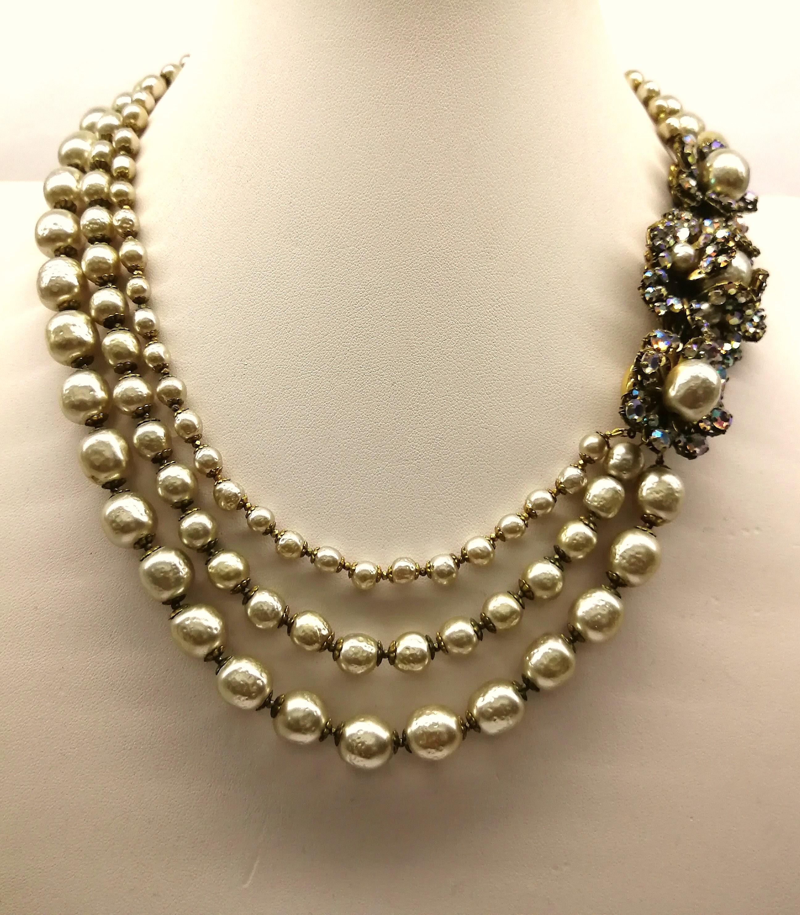 Classic pearls! 
A beautiful and very wearable necklace by Miriam Haskell.
The soft, varied mixed tones of the iridescent 'rose montes'  and the beautiful 'champagne' colour of the graduated baroque pearls, give this necklace a richness and warmth.