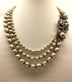 A baroque pearl and iridescent paste three row necklace, Miriam Haskell, 1950s