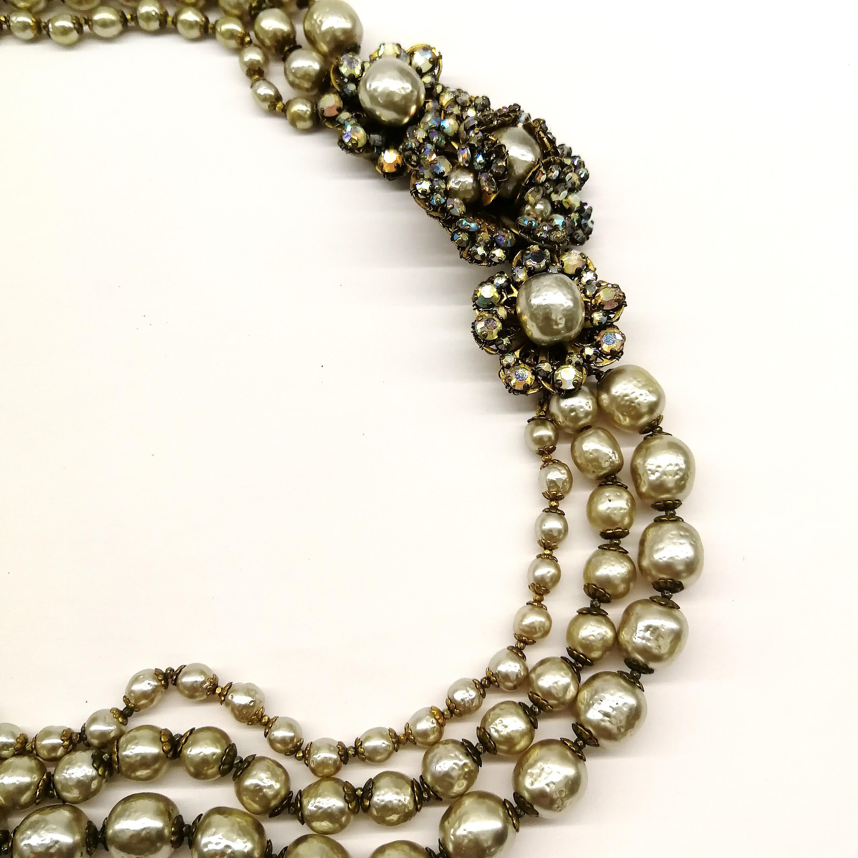 A baroque pearl and iridescent paste three row necklace, Miriam Haskell, 1950s In Excellent Condition In Greyabbey, County Down
