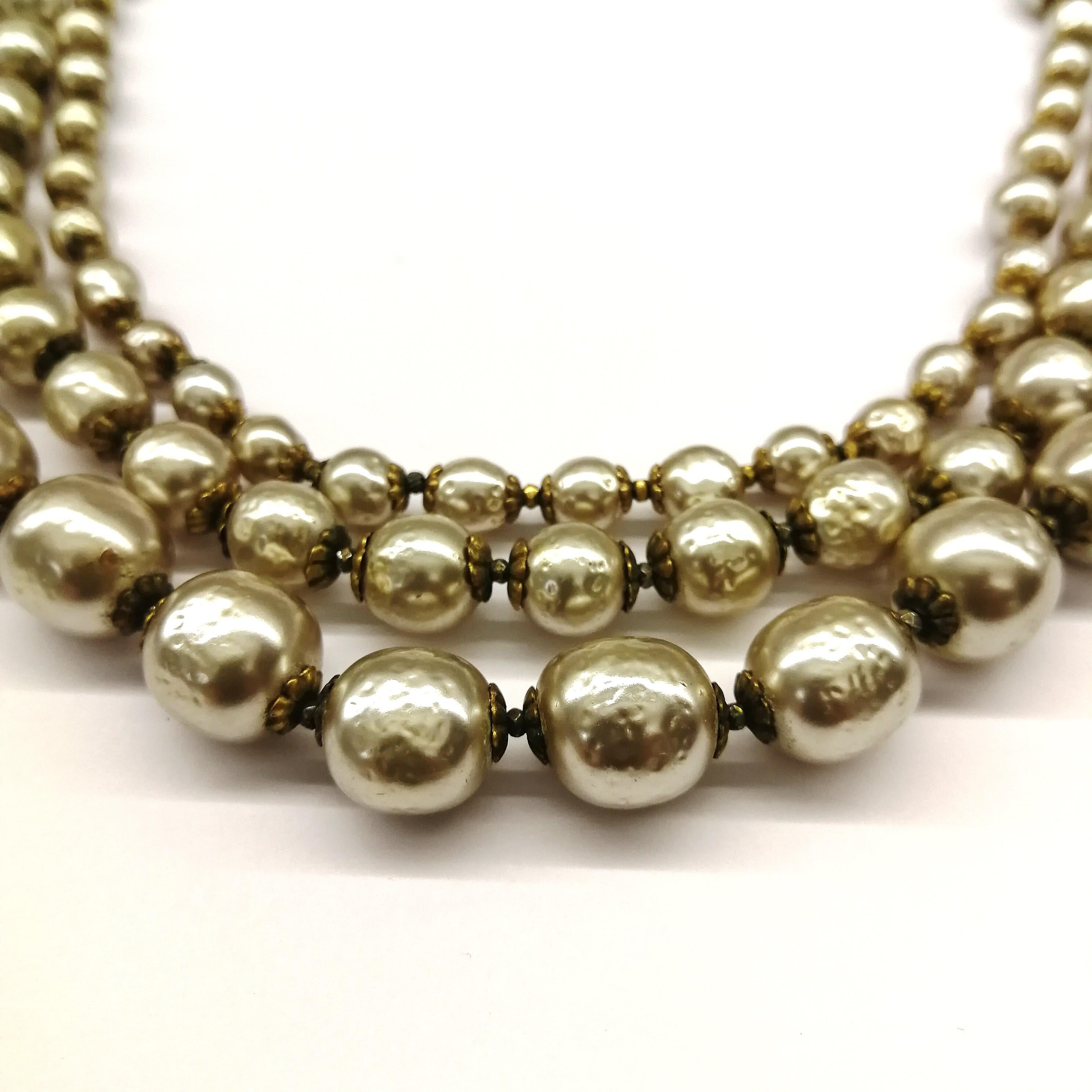 Women's A baroque pearl and iridescent paste three row necklace, Miriam Haskell, 1950s