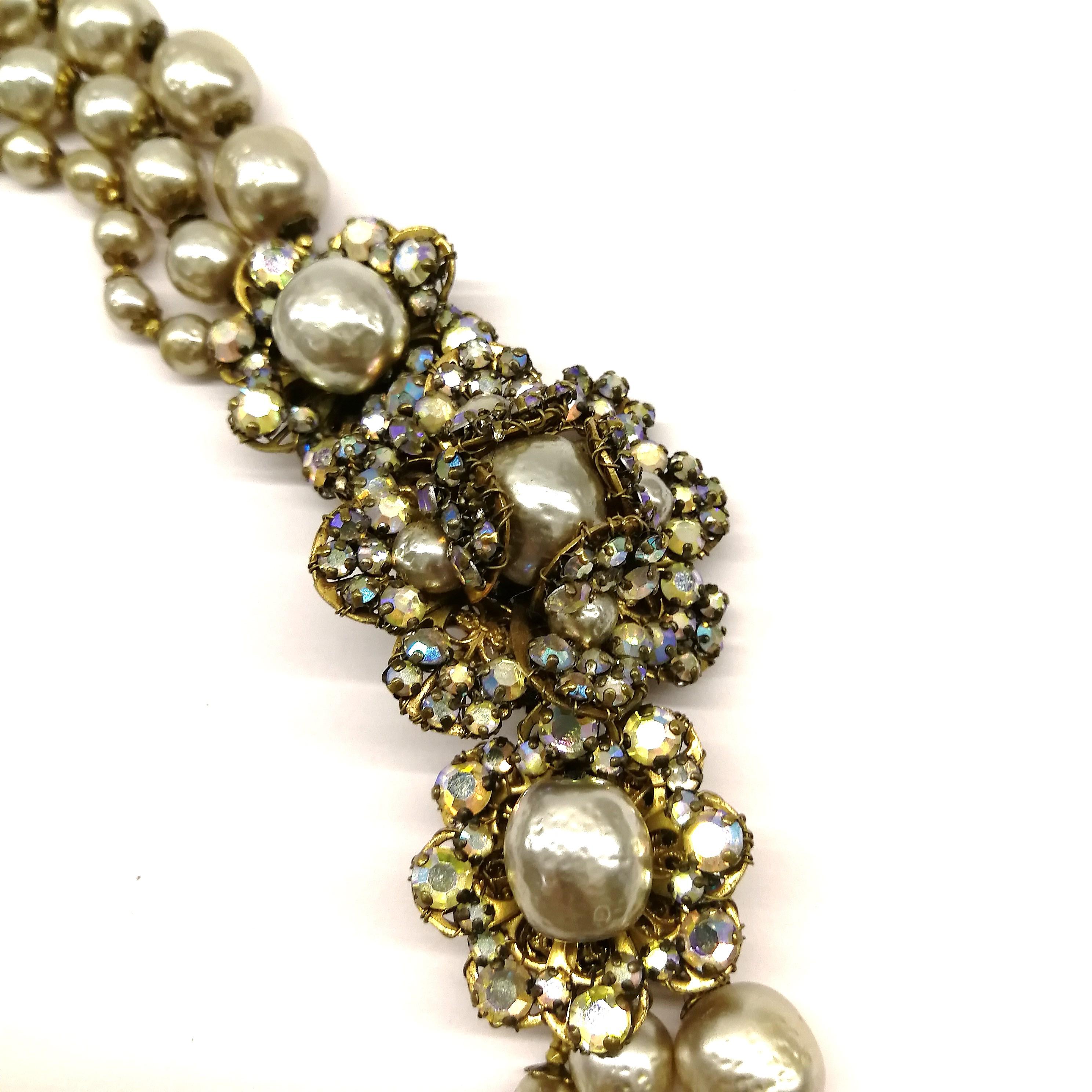 A baroque pearl and iridescent paste three row necklace, Miriam Haskell, 1950s 1