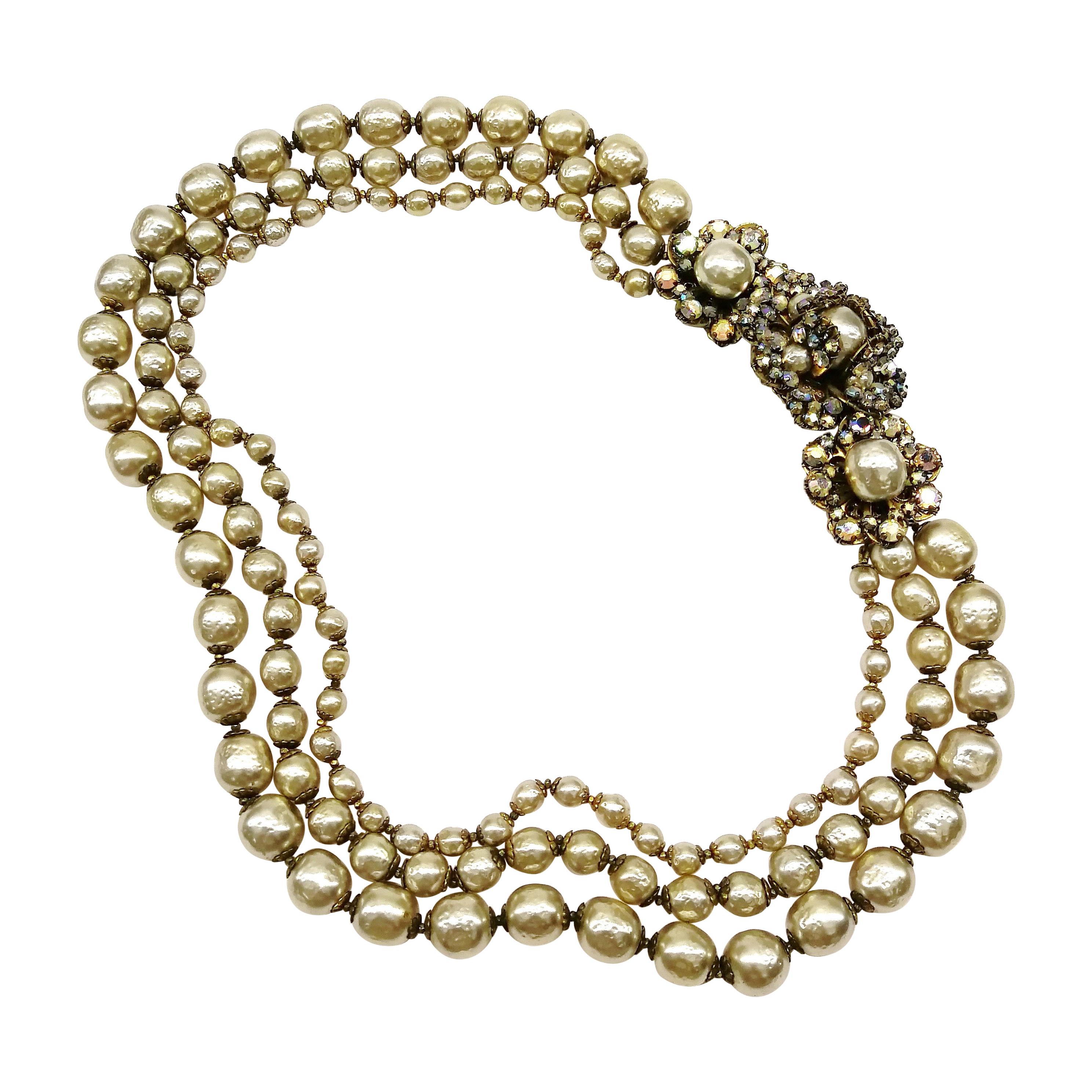 A baroque pearl and iridescent paste three row necklace, Miriam Haskell, 1950s