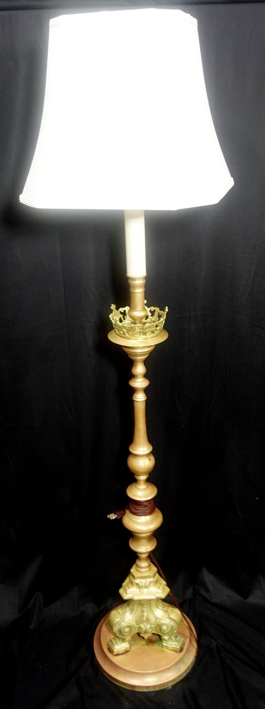 American A Heavy Baroque Revival Brass floor lamp form of an alter candlestick, 19th C. For Sale
