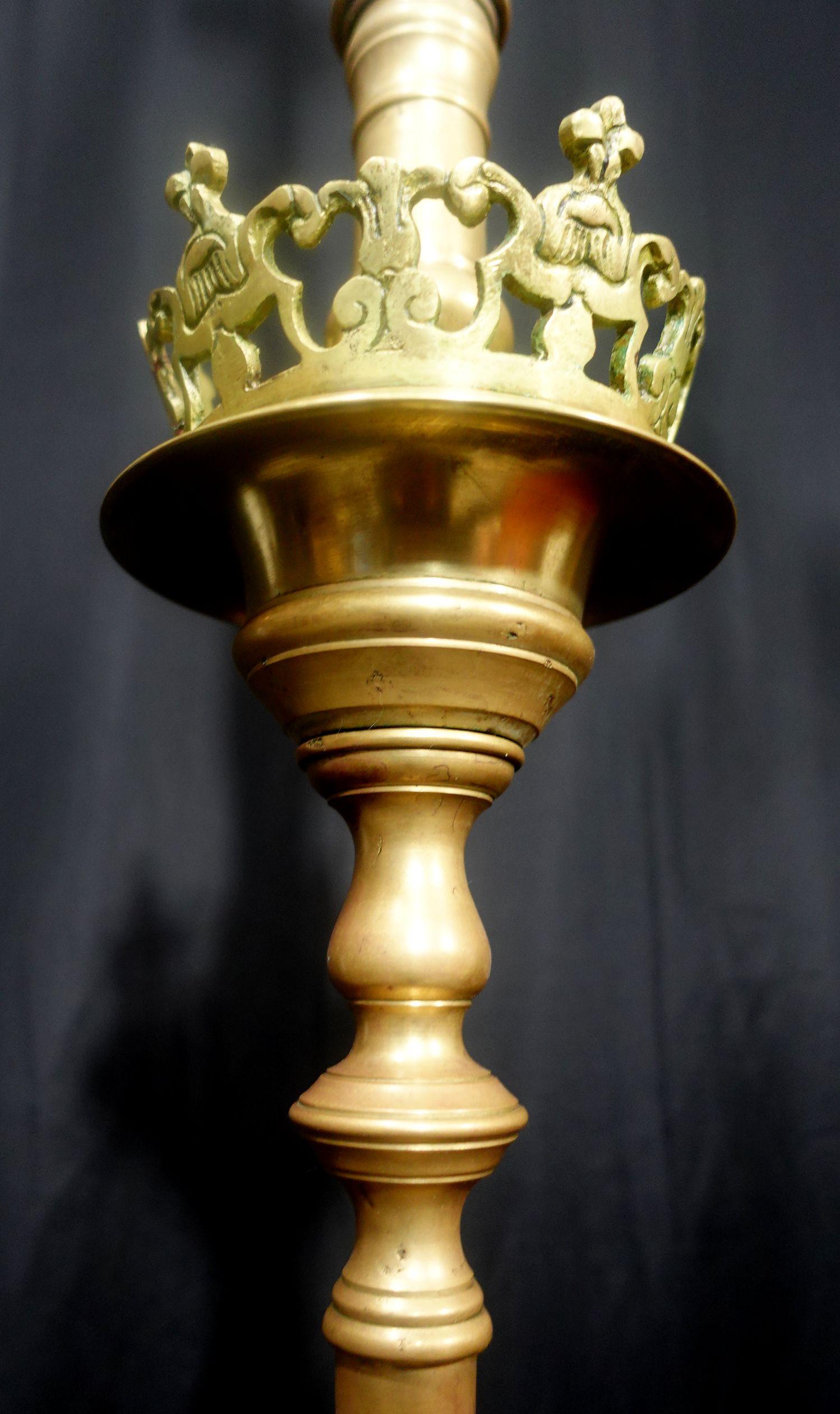 A Heavy Baroque Revival Brass floor lamp form of an alter candlestick, 19th C. For Sale 3