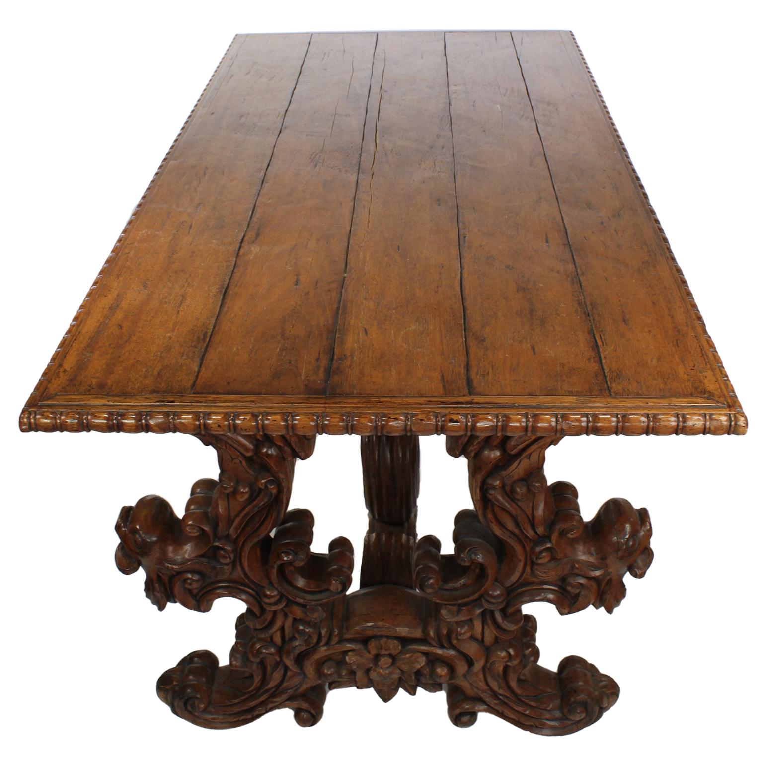 20th Century Baroque Revival Style Carved Wood Tavern or Farm Dining Pedestal Table For Sale