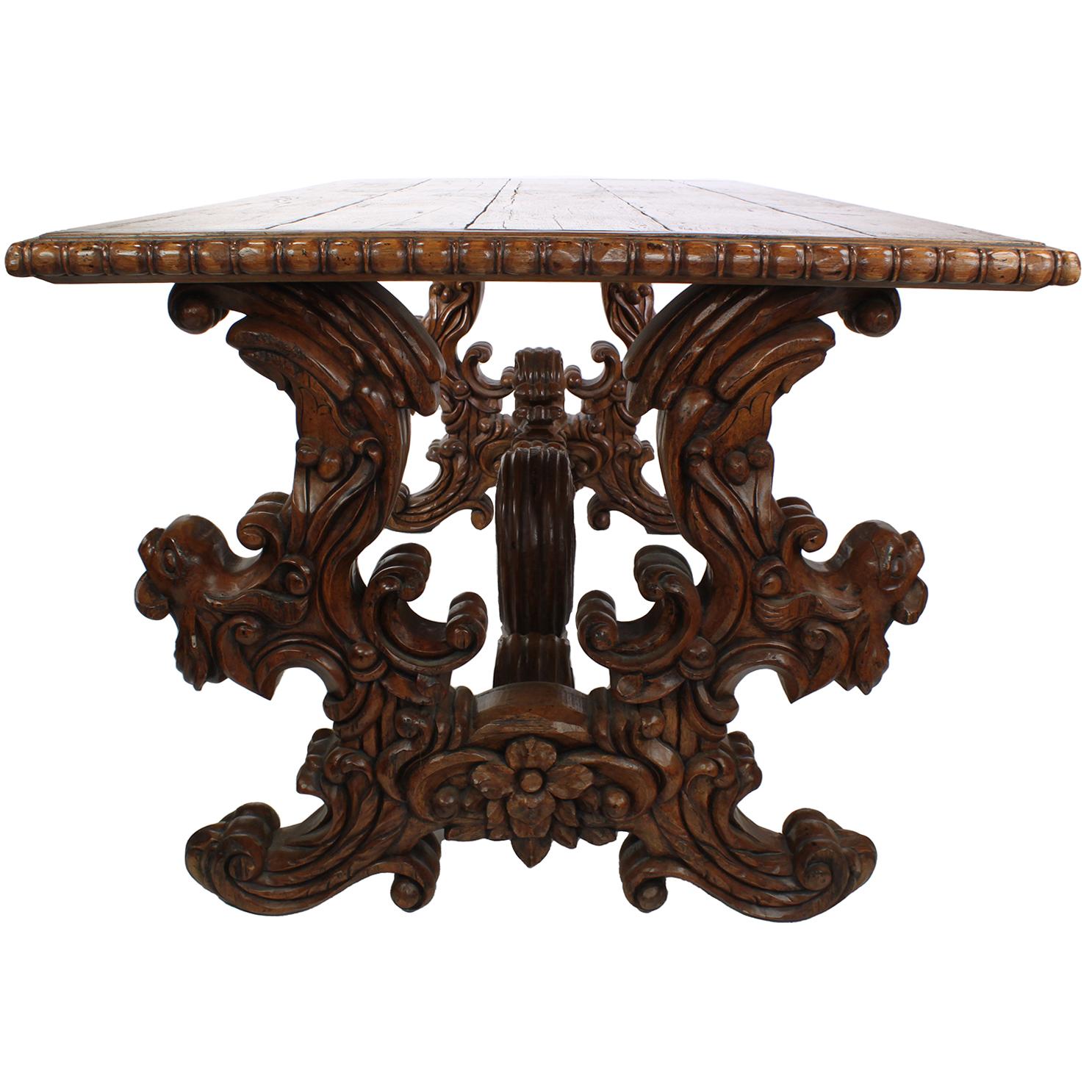 Fruitwood Baroque Revival Style Carved Wood Tavern or Farm Dining Pedestal Table For Sale