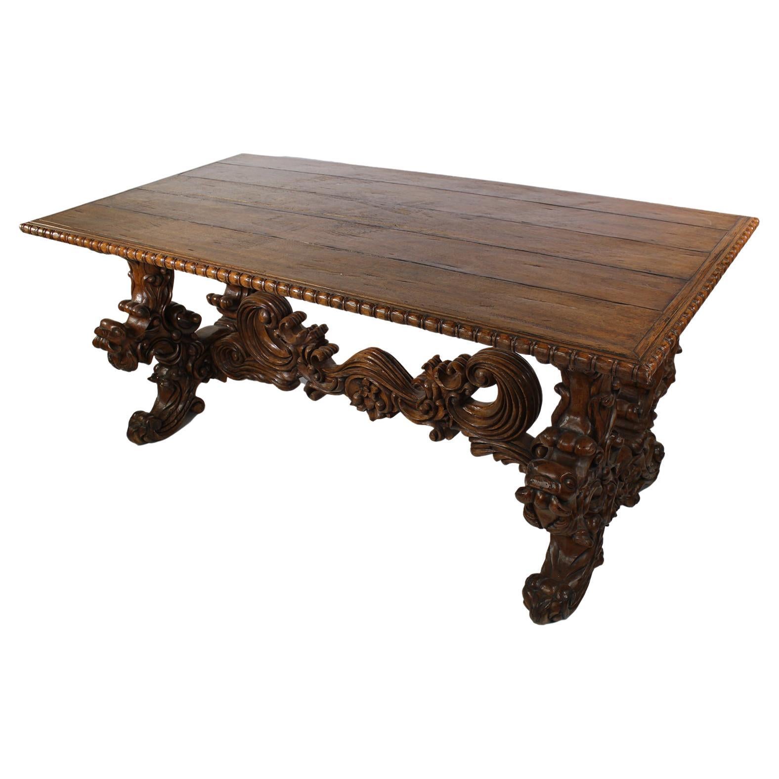Baroque Revival Style Carved Wood Tavern or Farm Dining Pedestal Table For Sale