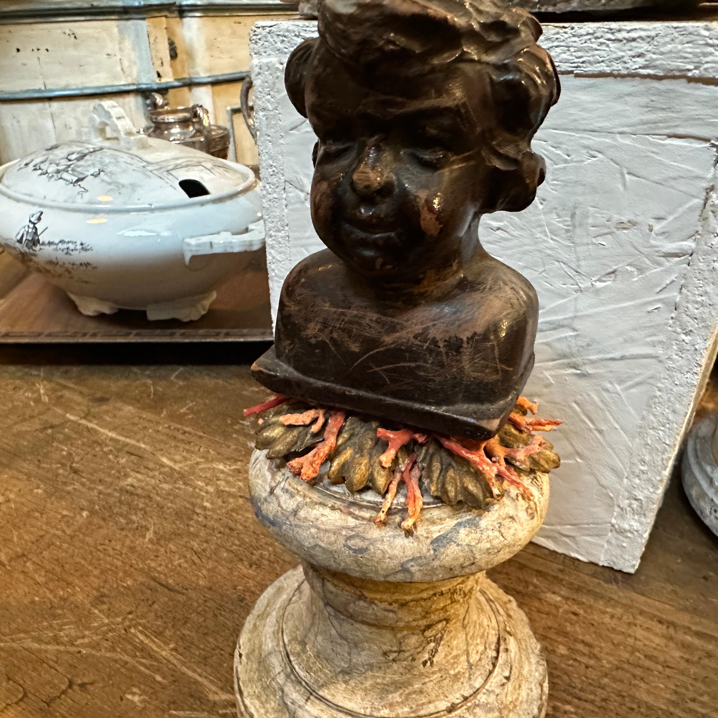 A Baroque Revival Wood Bust of a Putto on a fake Marble Lacquered Wood Base For Sale 3