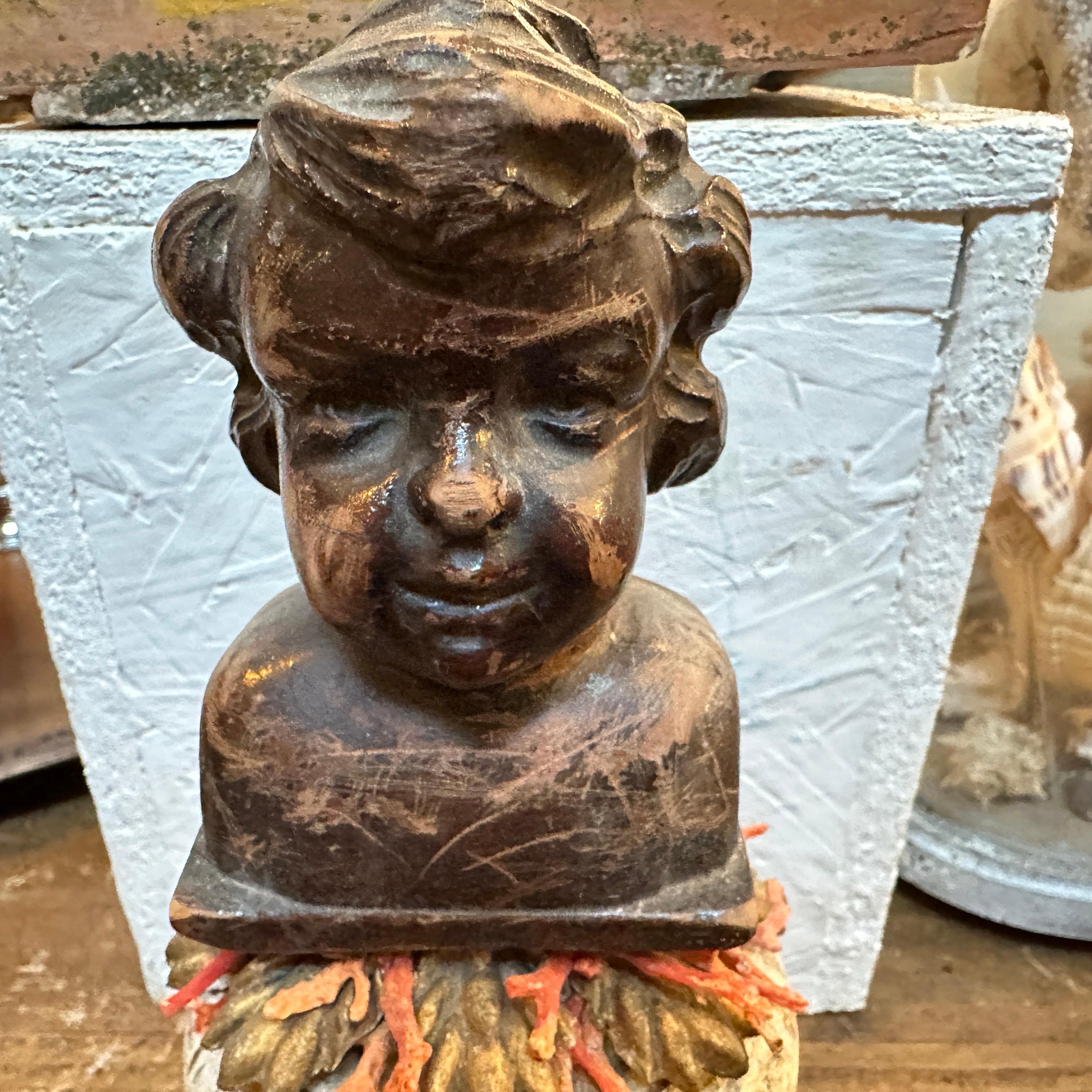 A Baroque Revival Wood Bust of a Putto on a fake Marble Lacquered Wood Base For Sale 6