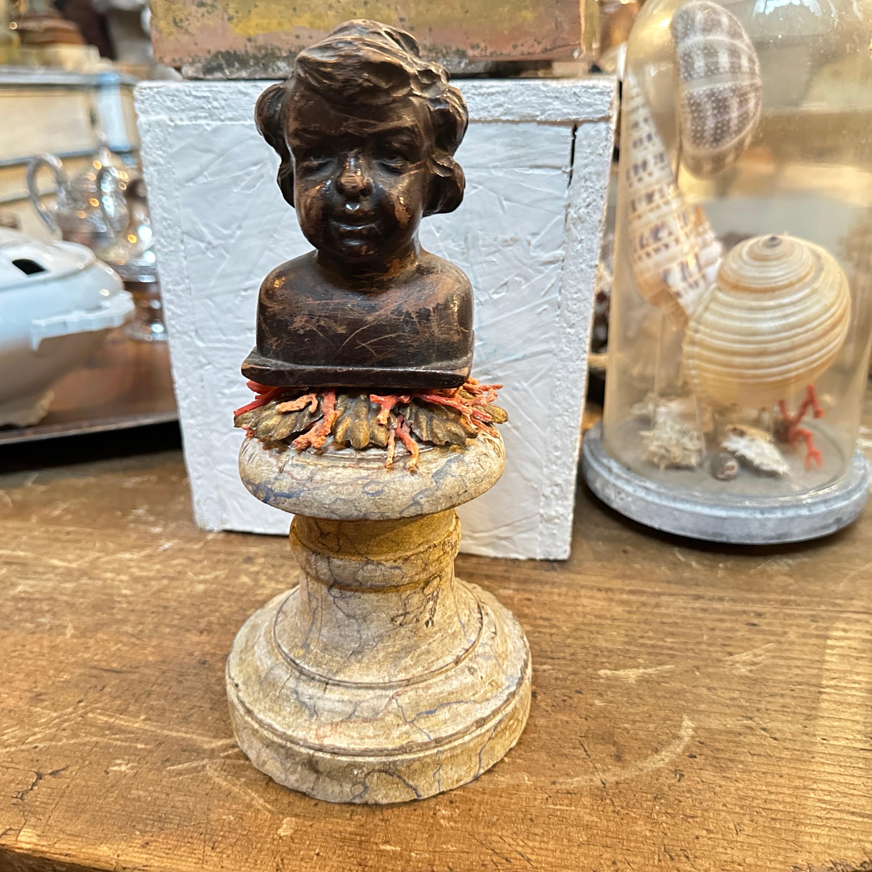 A Baroque Revival Wood Bust of a Putto on a fake Marble Lacquered Wood Base For Sale 2