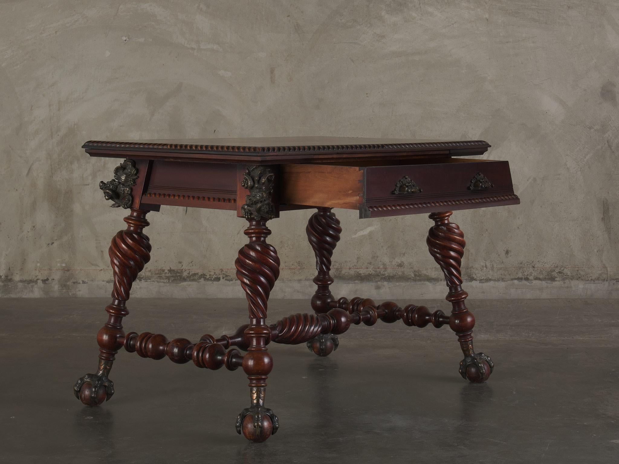 A Baroque Style Bronze Mounted Carved Oak Table, Late 19th C In Good Condition For Sale In Los Angeles, CA