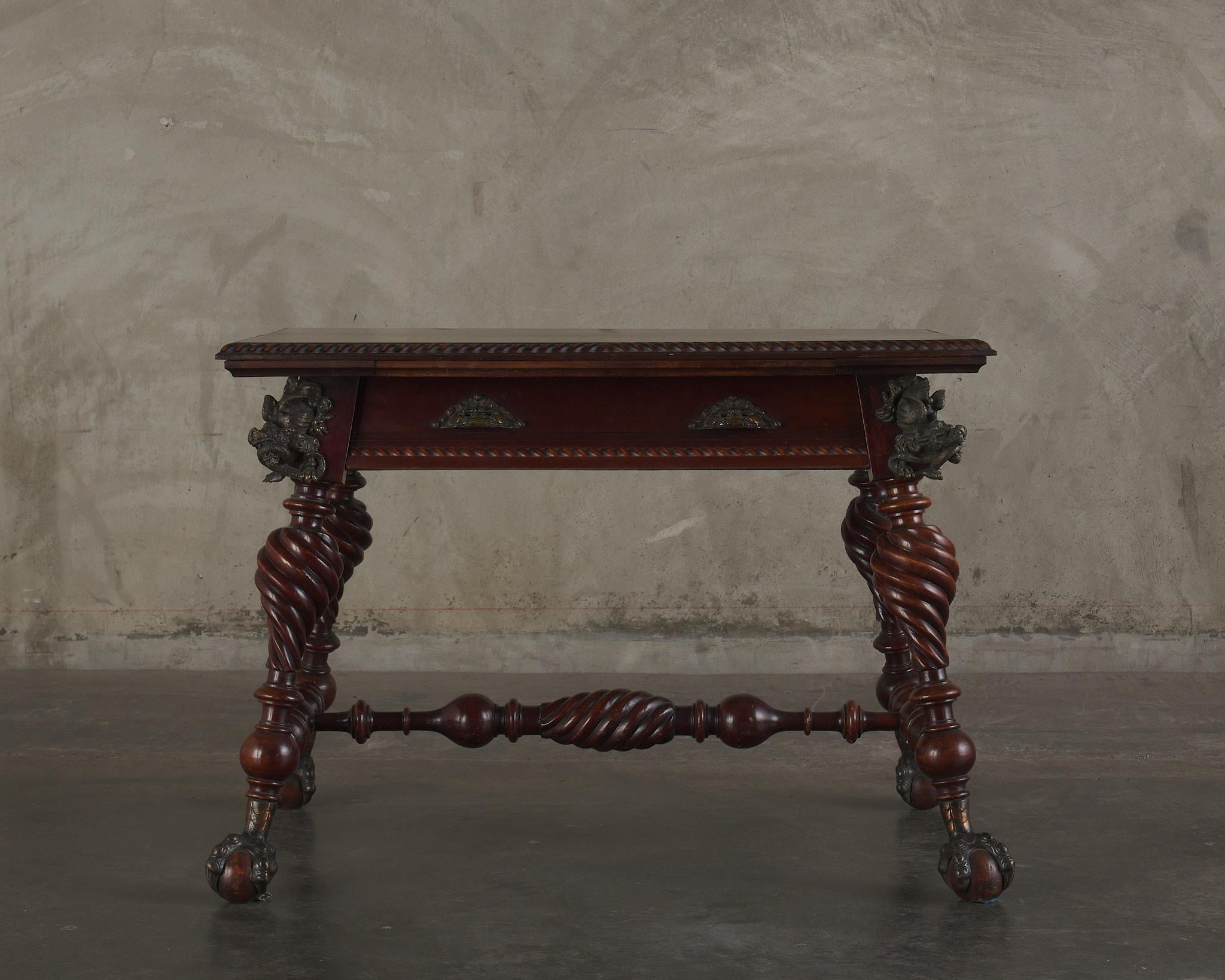 A Baroque Style Bronze Mounted Carved Oak Table, Late 19th C For Sale 1