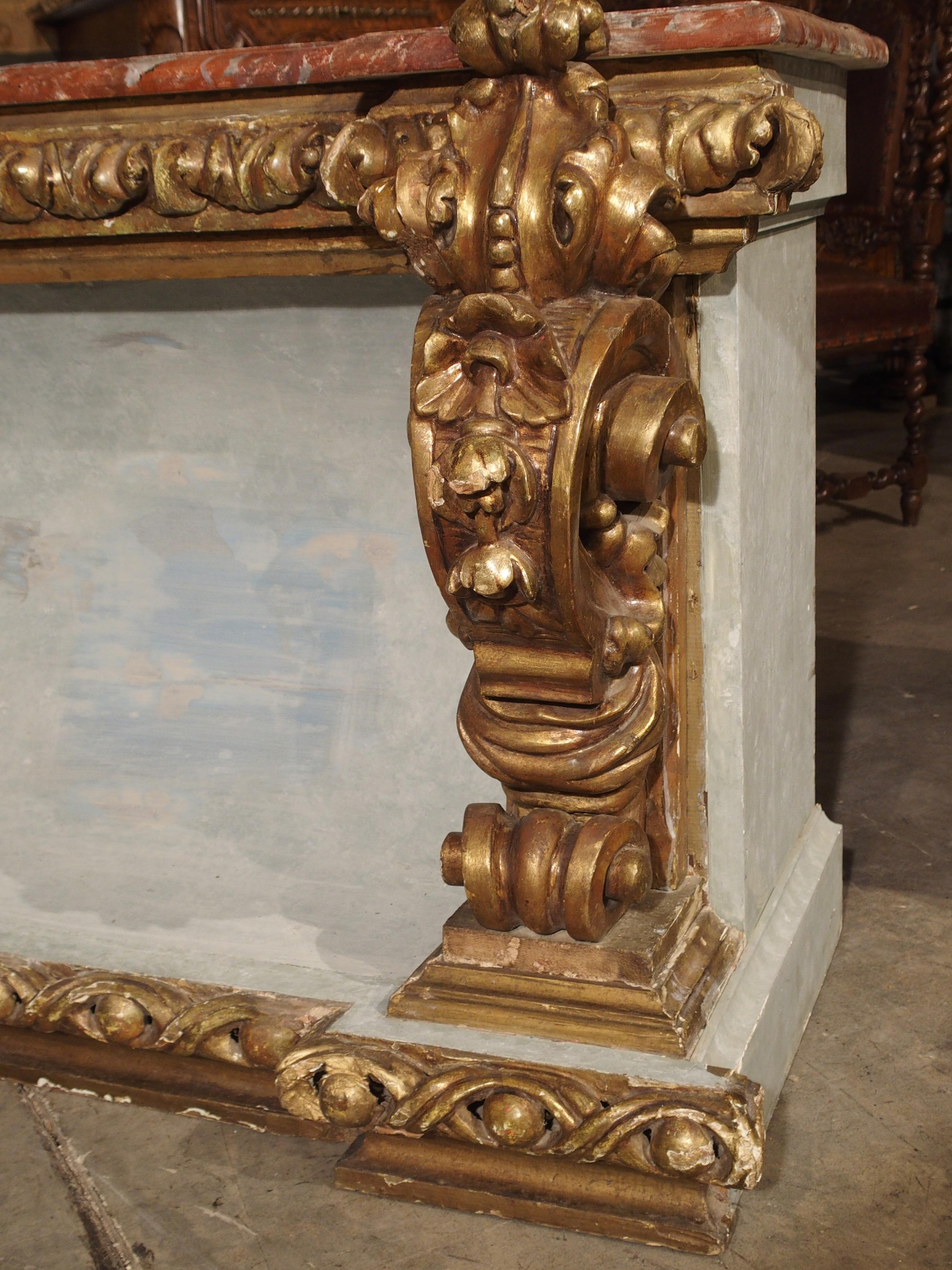 Barocke Konsole im Barockstil, polychromiert und aus vergoldetem Holz mit Kunstmarmorplatte im Angebot 8