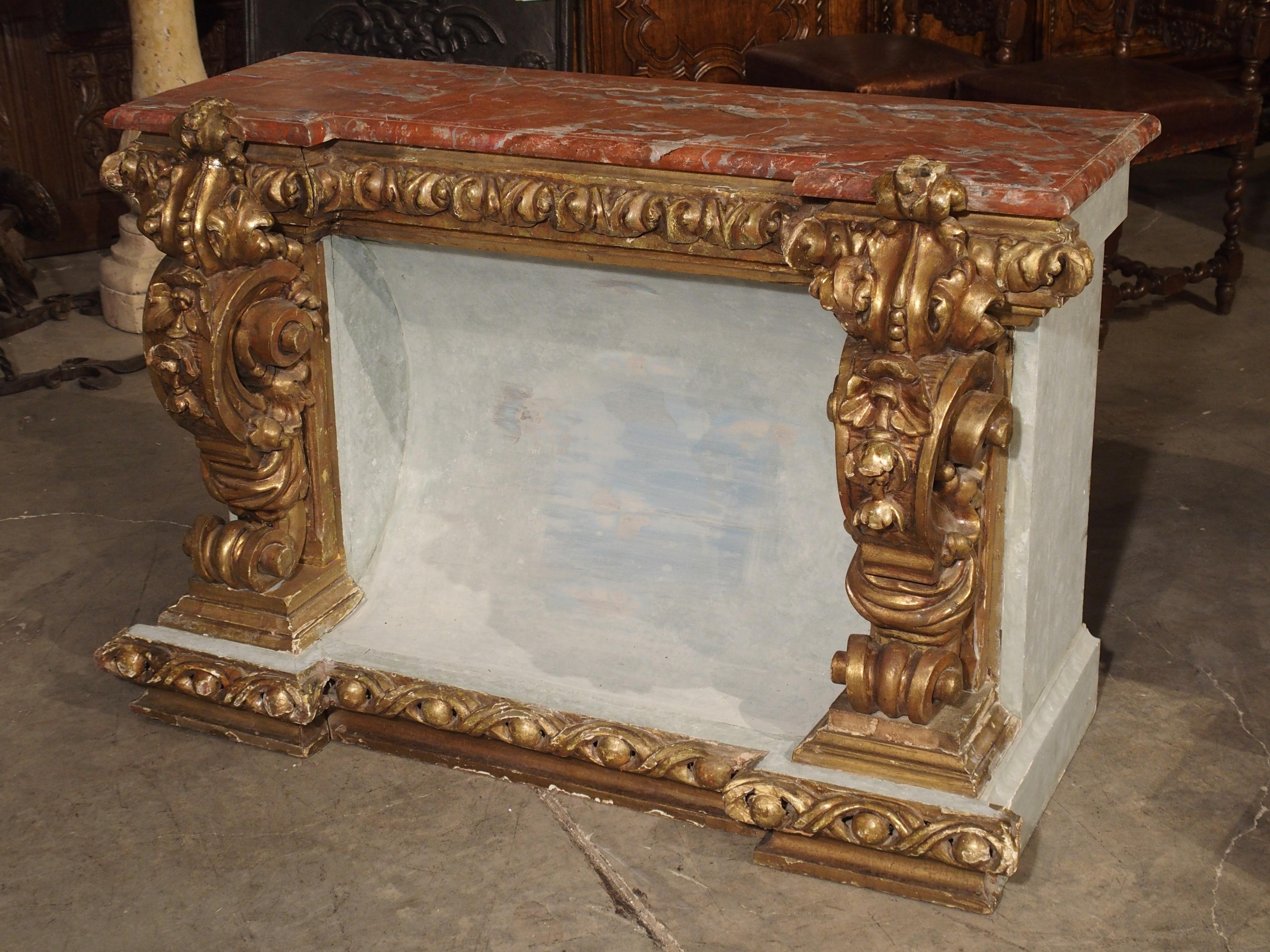 German Baroque Style Polychrome and Giltwood Console with Faux Marble Top For Sale