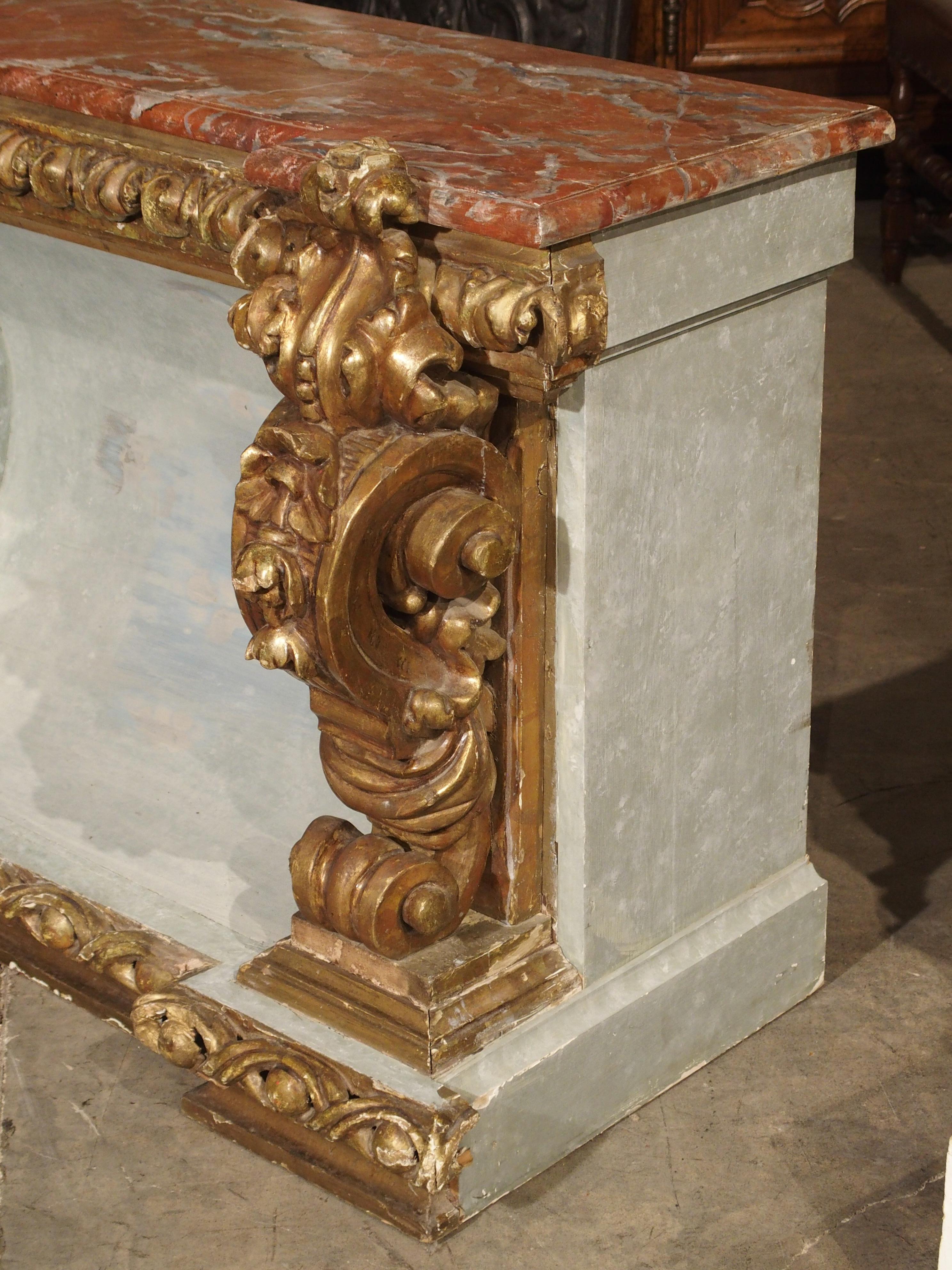 Baroque Style Polychrome and Giltwood Console with Faux Marble Top In Good Condition For Sale In Dallas, TX