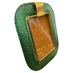 A Barovier Style Art Deco Green Murano Glass and Brass Italian Picture Frame