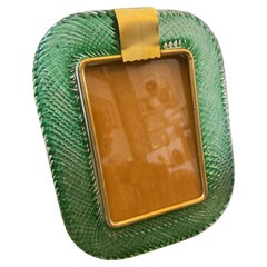 A Barovier Style Art Deco Green Murano Glass and Brass Italian Picture Frame
