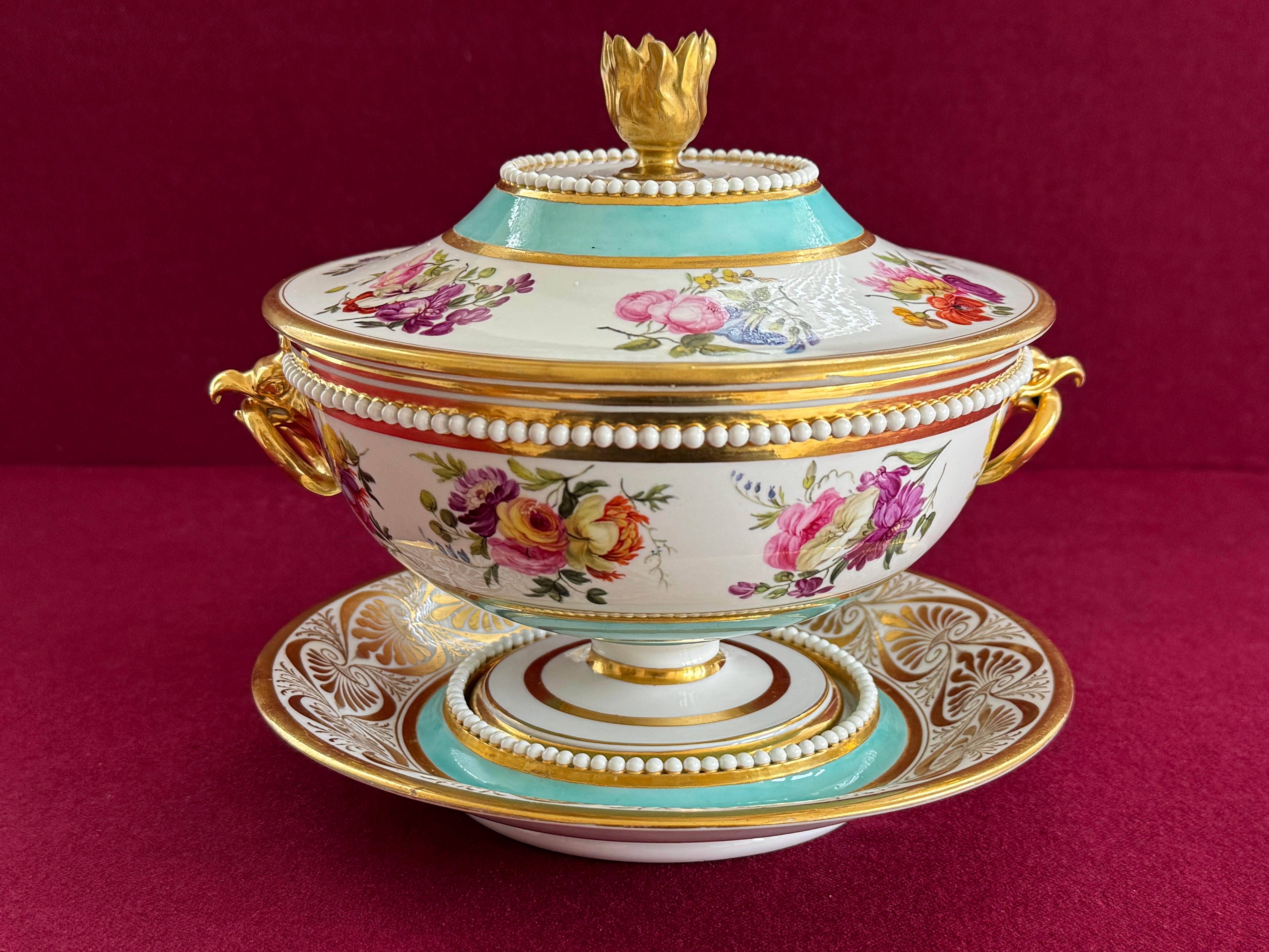 A fine Barr, Flight & Barr Worcester Porcelain Dessert Tureen and Stand c.1804-1807. Very finely decorated with painted bouquets of flowers in the manner of William Billingsley, with a broad turquoise ground border, applied pearls, flamiform finial,