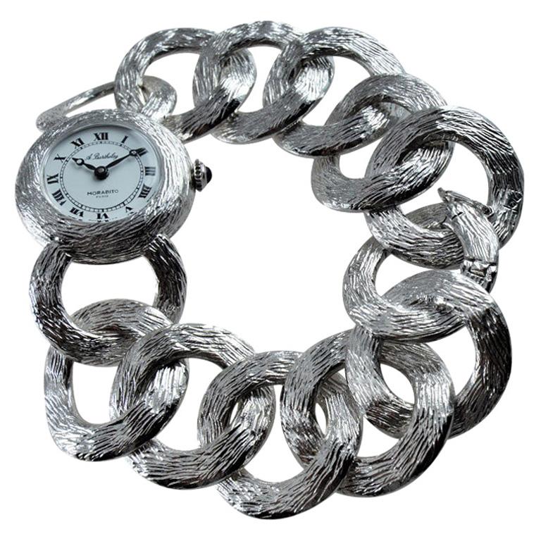 A. Barthelay for Moribito Sterling Silver Bracelet Art Deco Watch circa 1970 For Sale