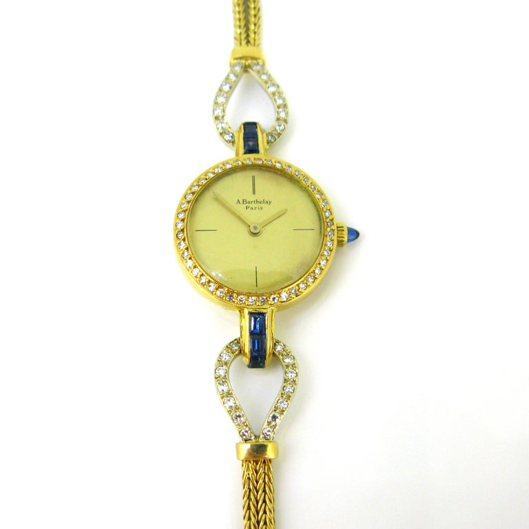 Barthelay Lady Diamonds Sapphires Yellow Gold Manual Wind Wristwatch at ...