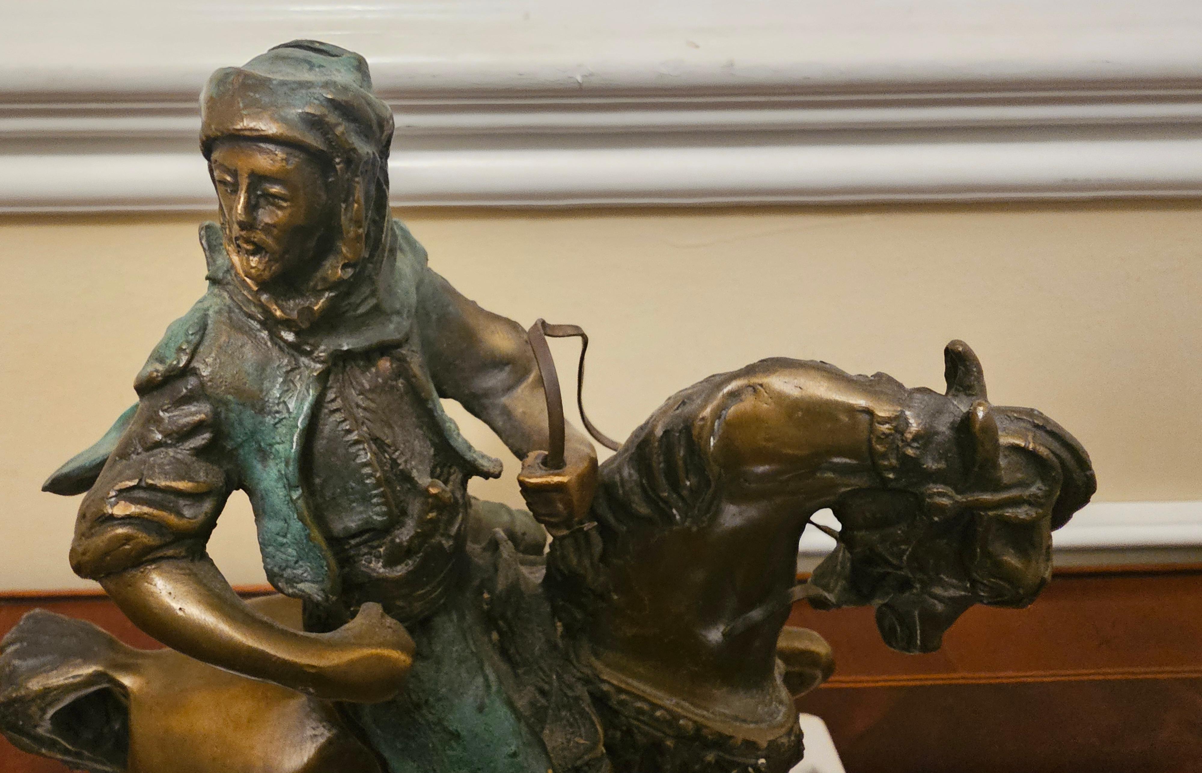 Neoclassical A Barye & Emile Guilemin Patinated Verdigris Bronze Arab Hunter on Horseback  For Sale